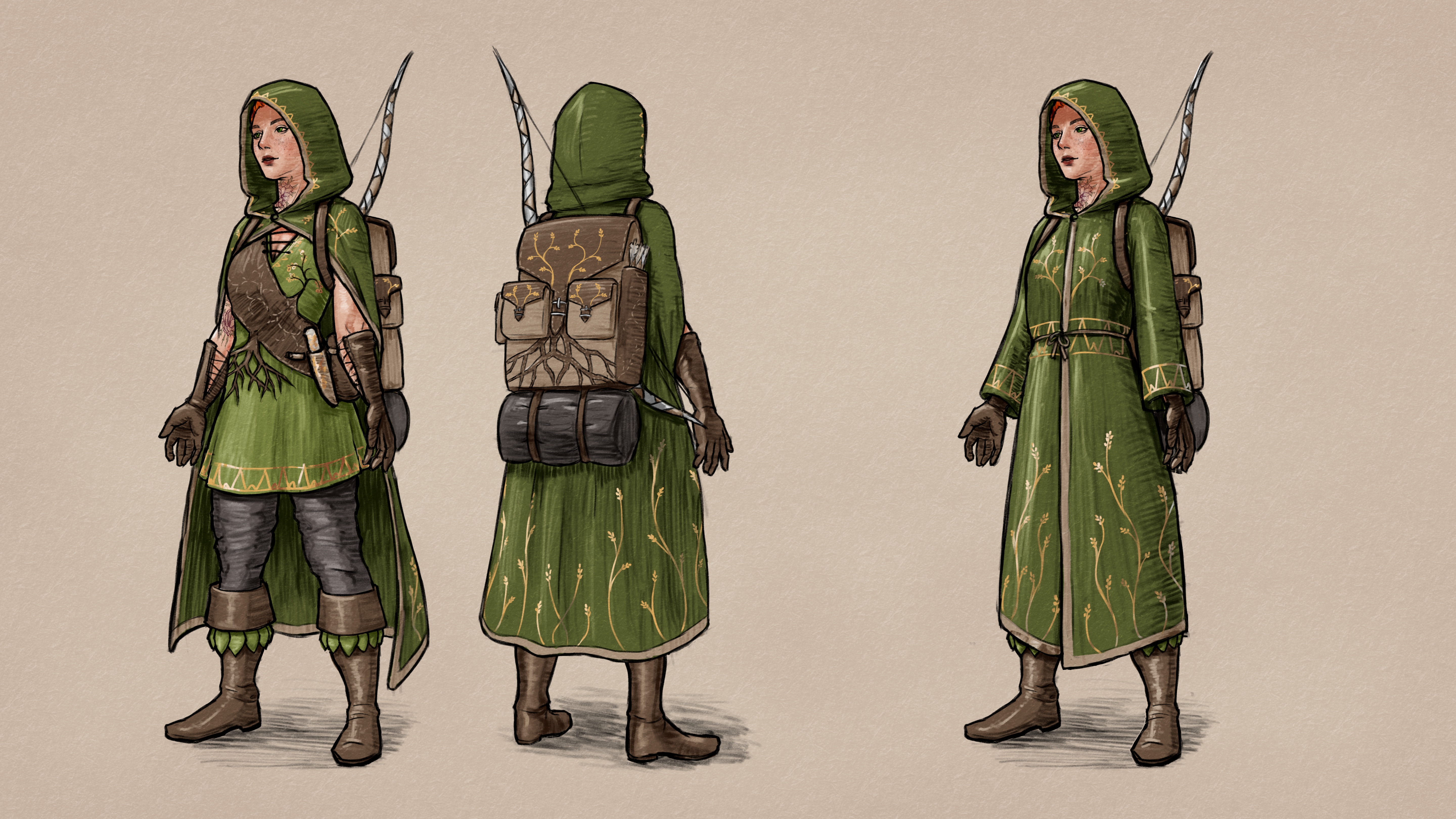 Drawing of a red-haired elven woman wearing her hiking gear: a dark green cloak on top of a light green tunic, dark gray linen pants, leather boots and gloves, and a backpack. In another drawing the same cloak is fully wrapped around her, converted into a raincoat with sleeves. Everything is decorated with gold embroidery. 