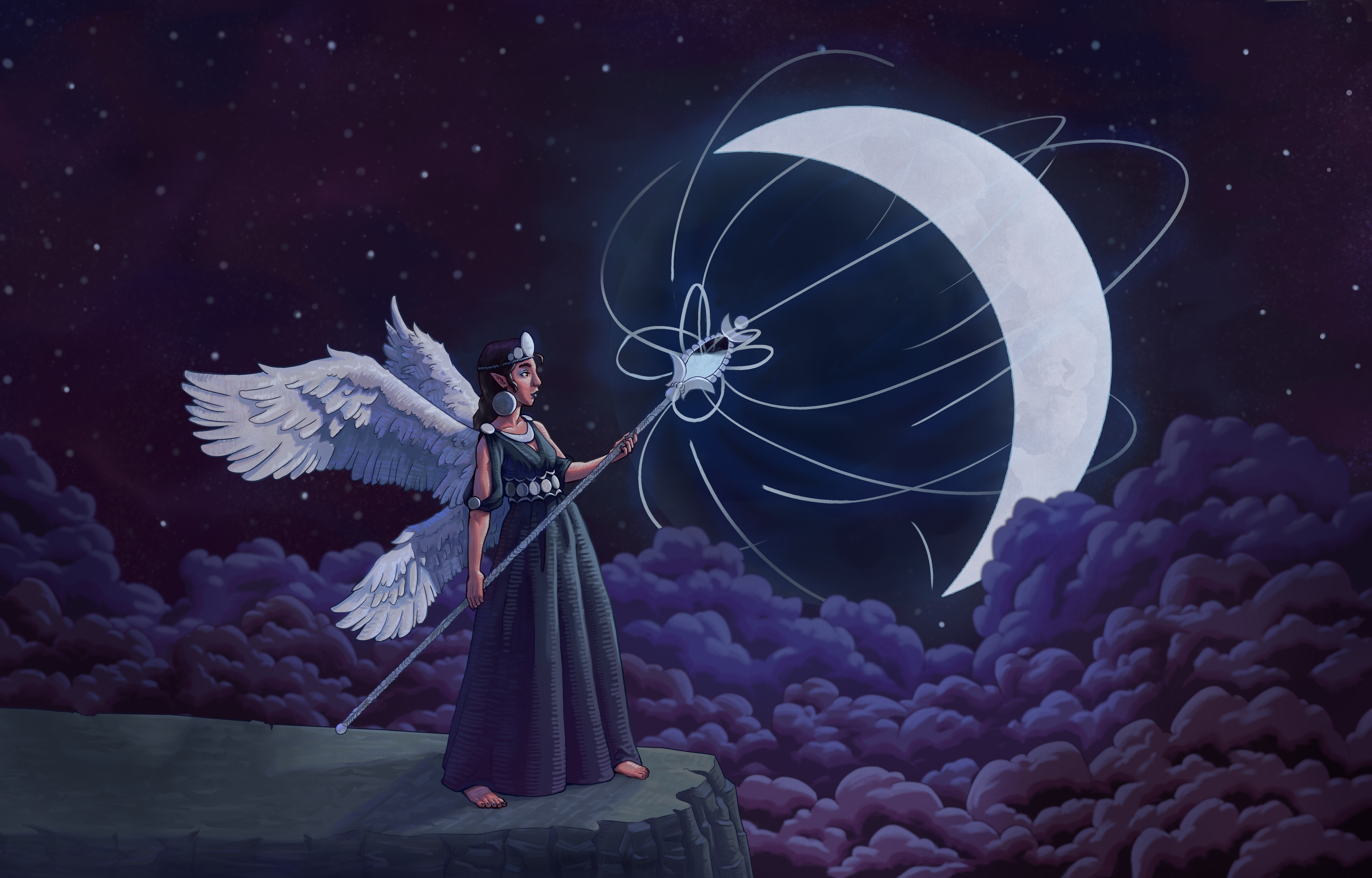 A woman in a long blue dress standing on a mountain cliff,
surrounded by clouds and lit by a crescent moon.
She has two pairs of wings on her back and points a staff towards the moon.
Glowing particles stream from the moon to the staff.
