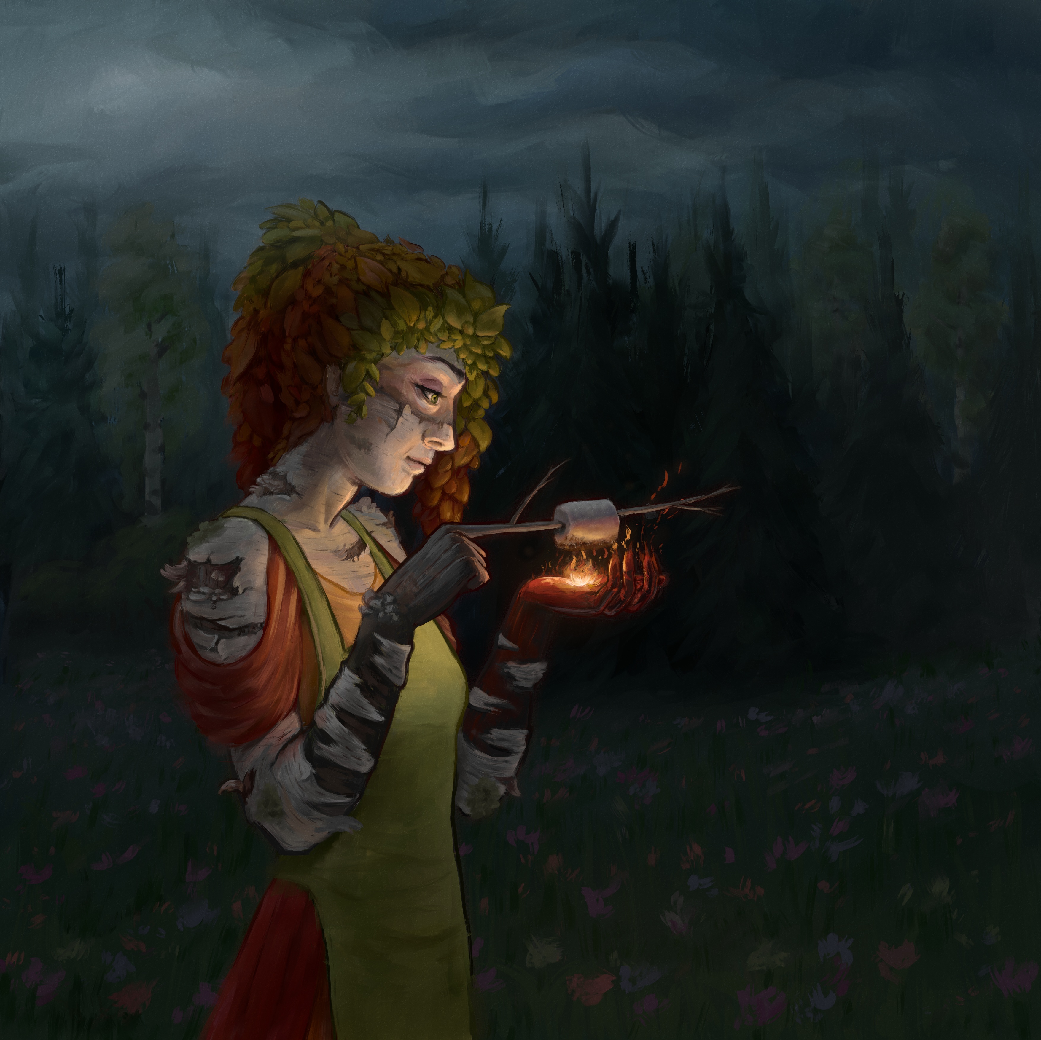 Digital painting of a woman with birch bark for skin
and leaves for hair standing in a moonlit meadow.
One of her hands is a glowing ember with a flame held in the palm.
The other hand sprouts a twig which holds a marshmallow over the flame.