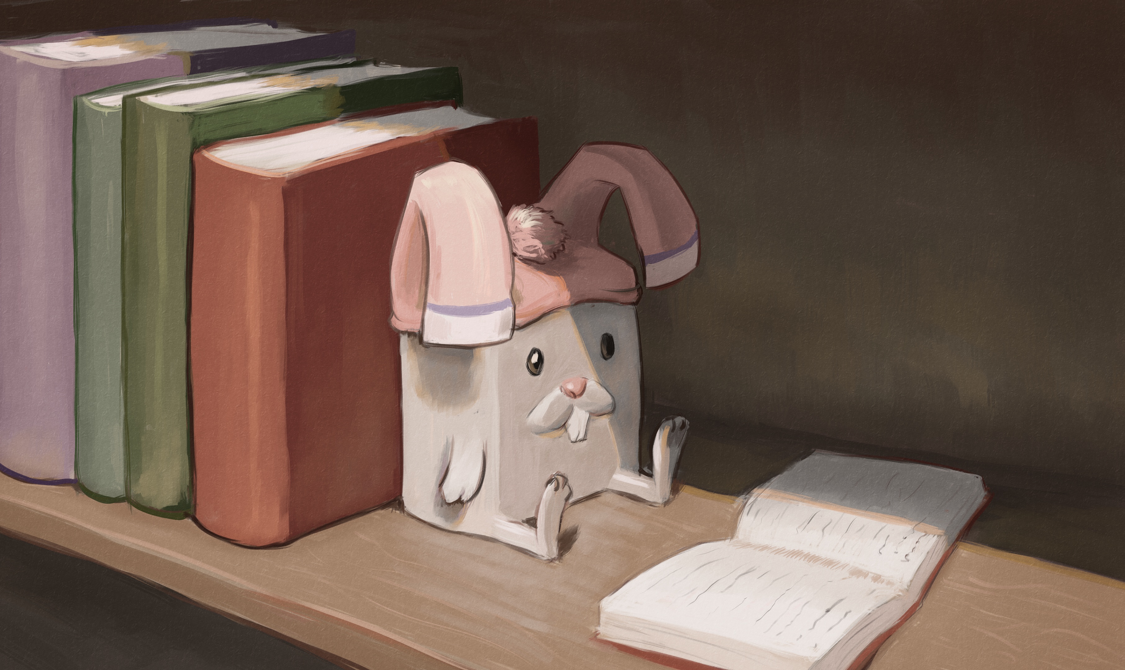 Digital painting of a brick with a rabbit's face, limbs, and a hat resembling rabbit ears, sitting on a bookshelf with an open book in front of it.