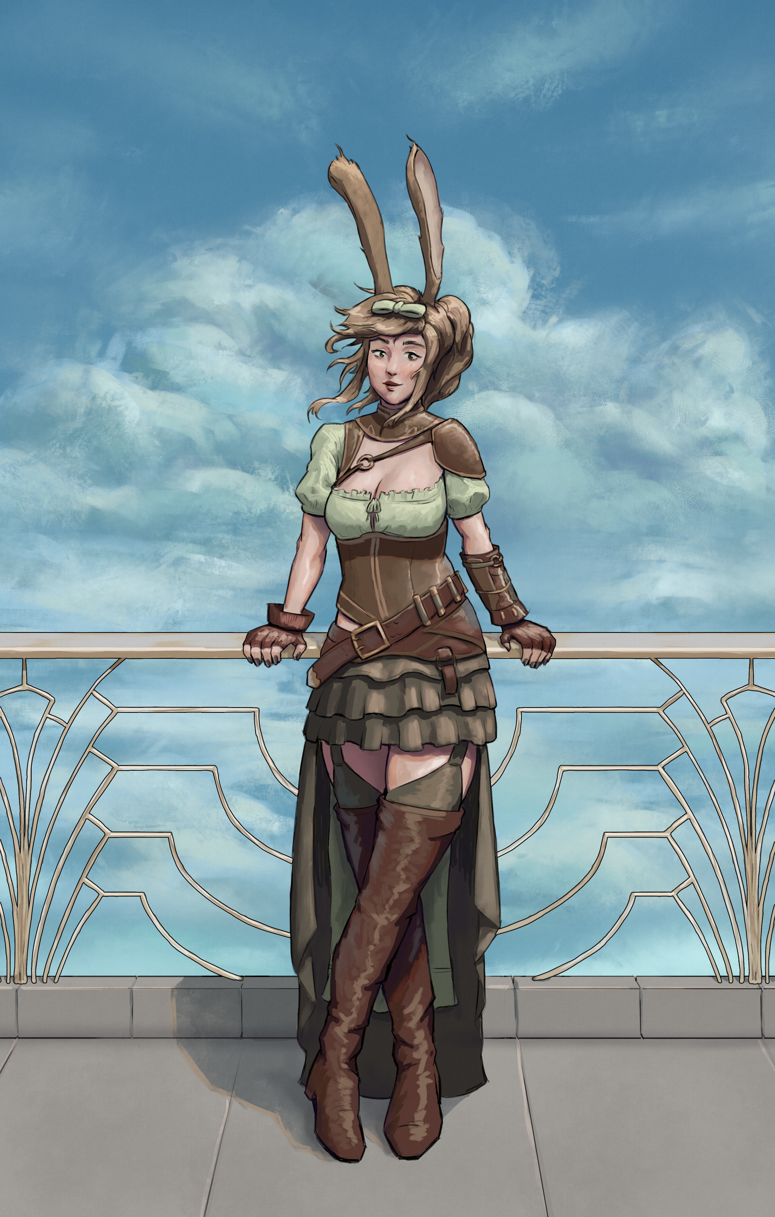 Digital painting of a lady with bunny ears wearing a steampunk-style frilly dress with a corset and leather adornments in earthy brown colors. She's leaning on a brass railing with clouds behind and below.