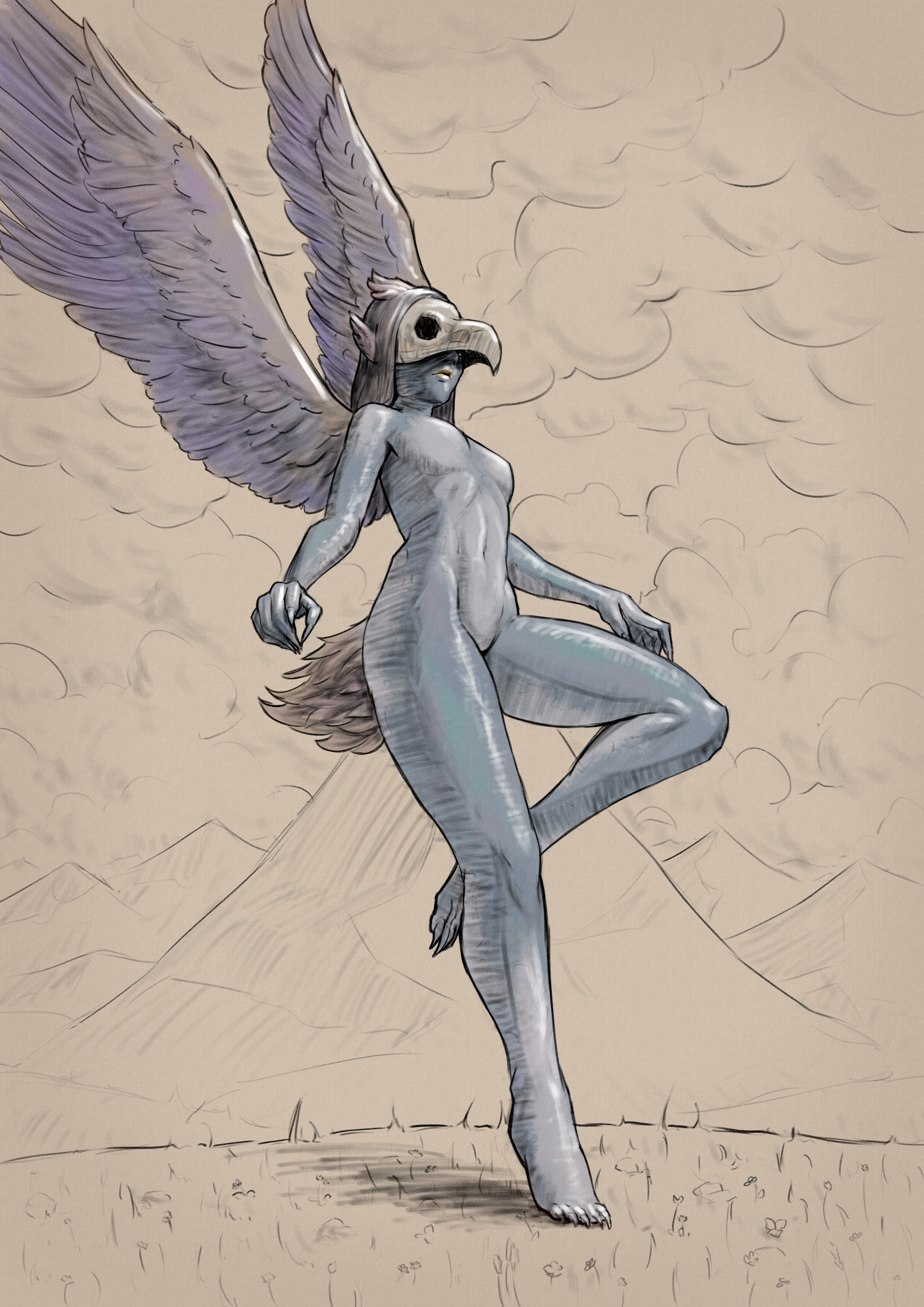 Digital drawing of a woman with falcon wings landing on a grassy hill. The pose is graceful and confident, looking effortless. Mountains and clouds are seen in the background. Drawn in a style that resembes a pencil sketch on brown toned paper.