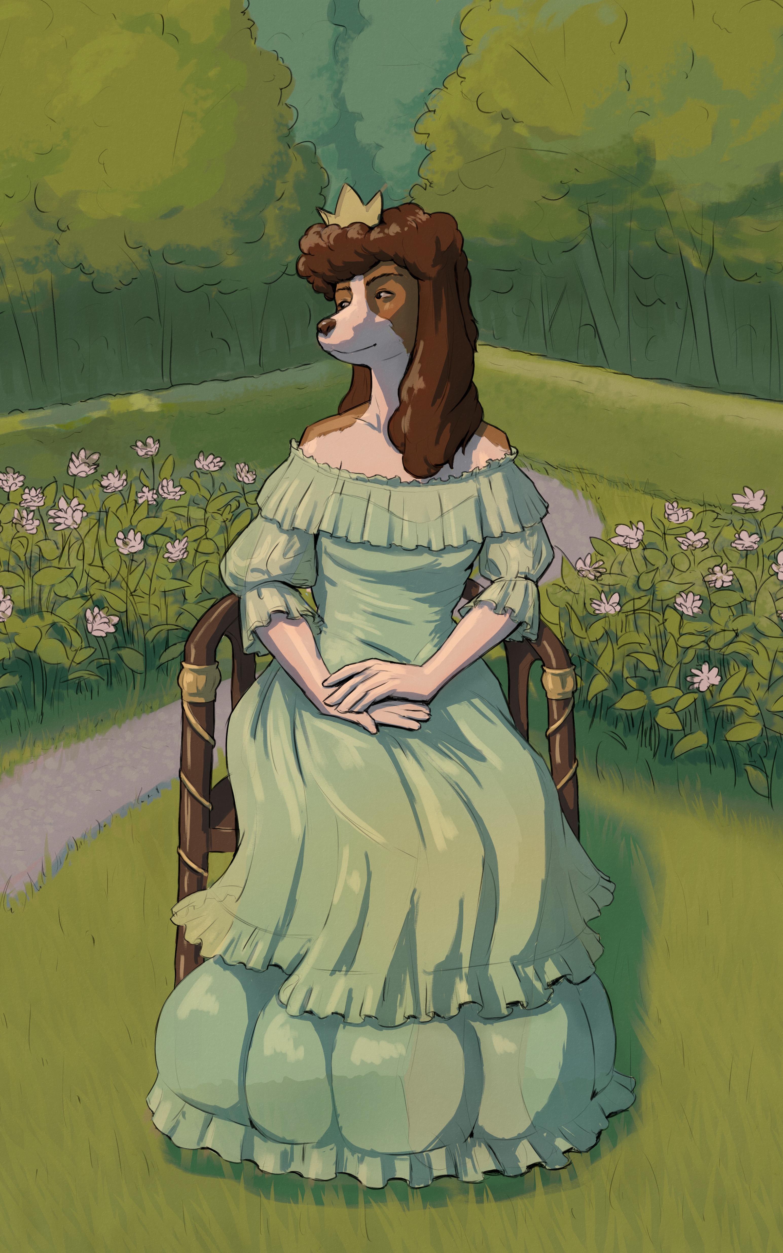 Digital painting of an anthropomorphic dog lady wearing a slightly translucent dress with lots of frills and layers. She's sitting on a chair in a garden with hedges and flowers.