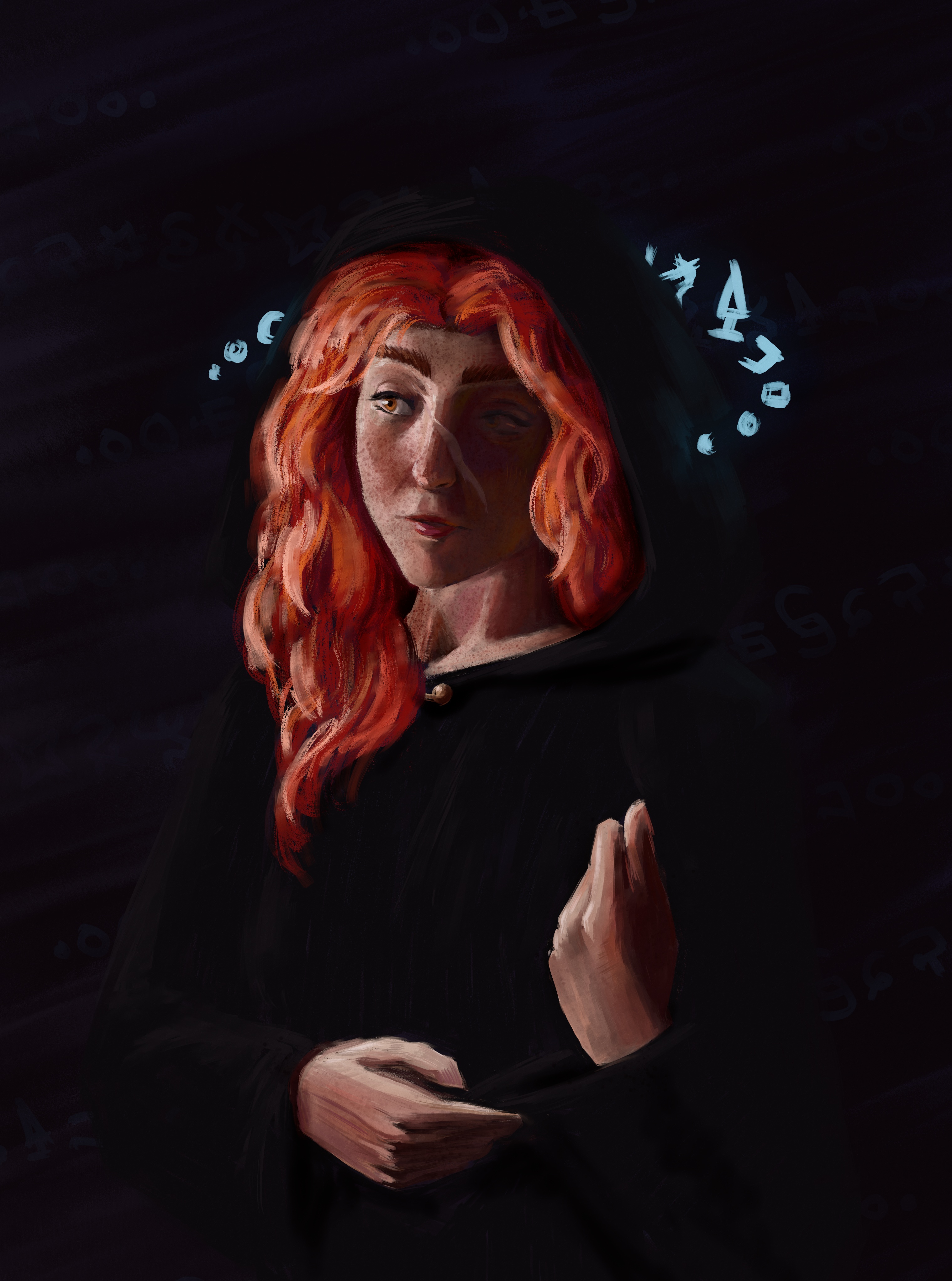 Digital painting of a red-haired, freckled woman with a scar across her face. Magical symbols swirl around the back of her head. She's dramatically lit, wearing a black cloak in a dark space such that we can only see her face and hands.
