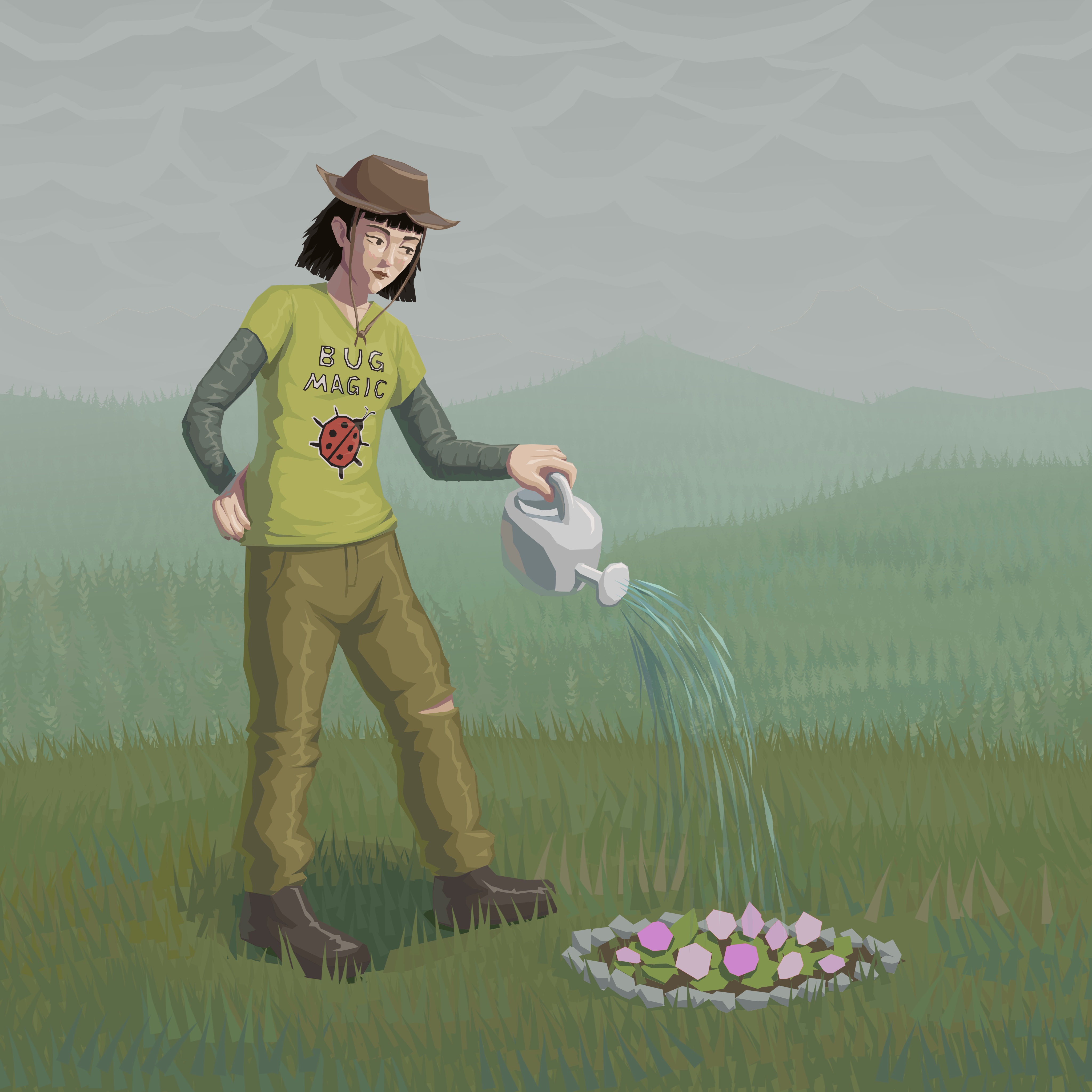 Digital painting of a woman watering flowers. She's wearing a t-shirt, loose pants, and a brimmed hat. The weather is overcast, with forest hills extending into the background. Painted in a stylized way with everything made of polygons.