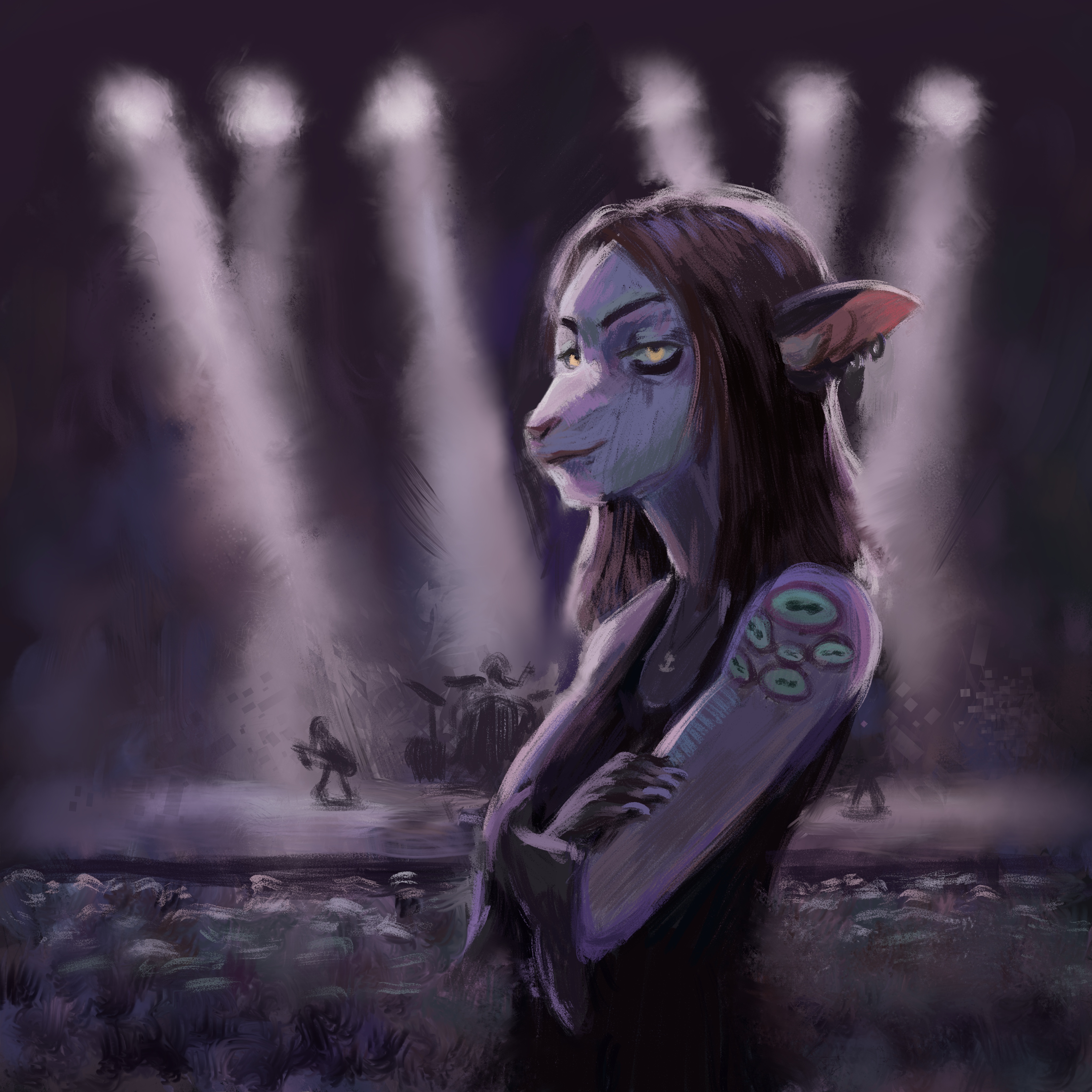 Digital painting of Sciasm, an anthropomorphic animal of unknown species, at a metal show. It's quite dark, only lit by the bright spotlights of the stage. The painting style is very loose and impressionistic, leaving most details implied.