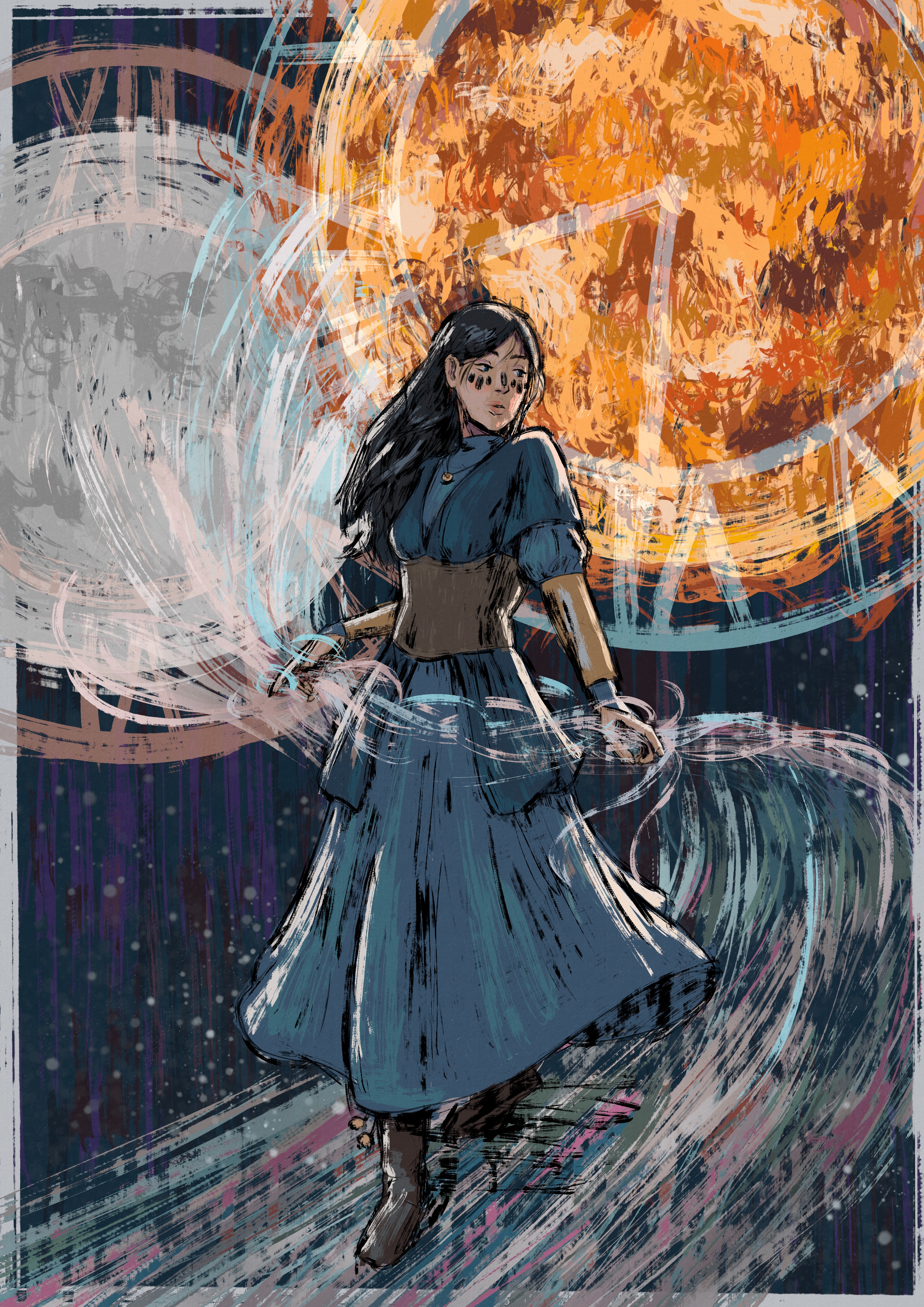 Digital painting of a woman in a blue dress walking through a starry void along a bridge of light which she appears to be creating with her hands. The light flows from a sun and moon behind her, both of which have a clock-shaped magical glow around them.
