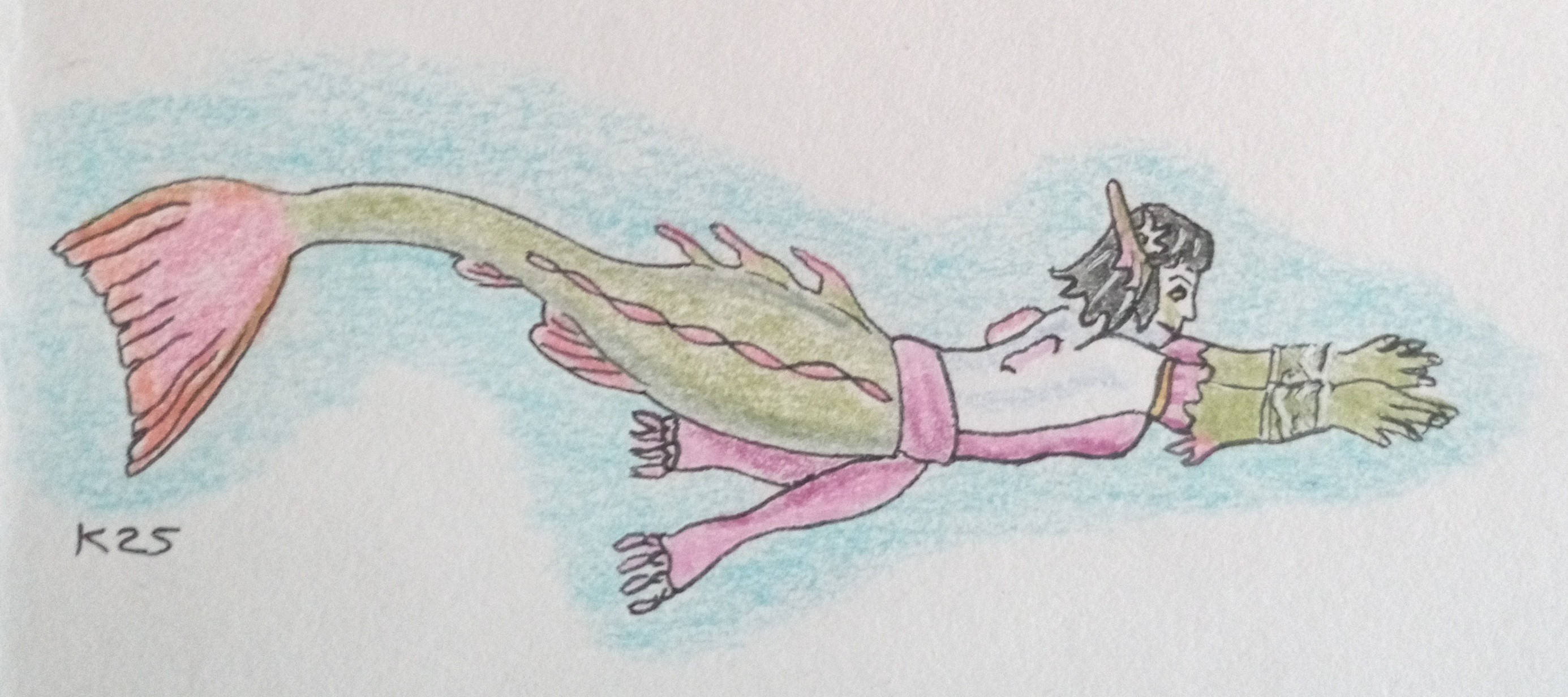 A swimming mermaid with pink scarf as a top and arm decorations. The colour scheme is pink and green