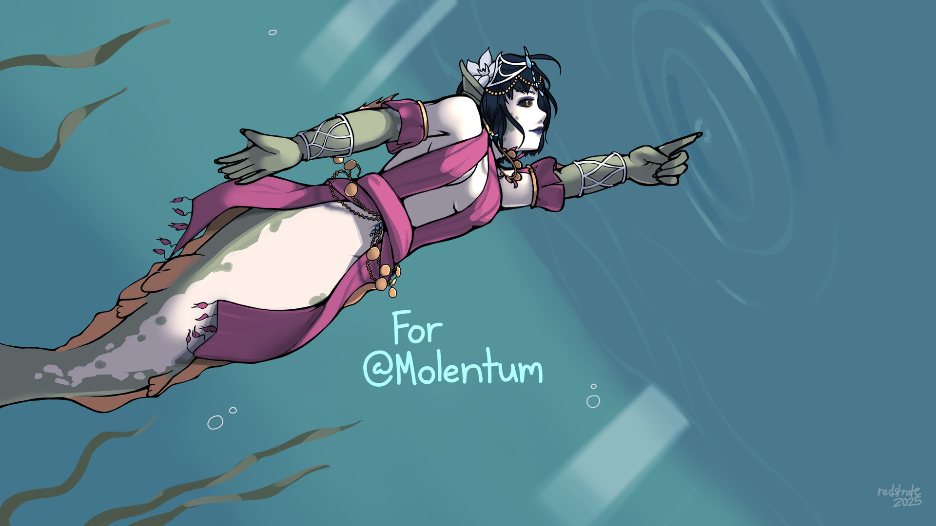 Drawing of Aava, a merfolk marine biologist currently near the surface of the water. She is wearing a dress that I would describe as a more saturated maroon color, and her complexion is a light gray with diluted greens on her extremities. She is poking the surface of the water, creating small ripples in it's wake.