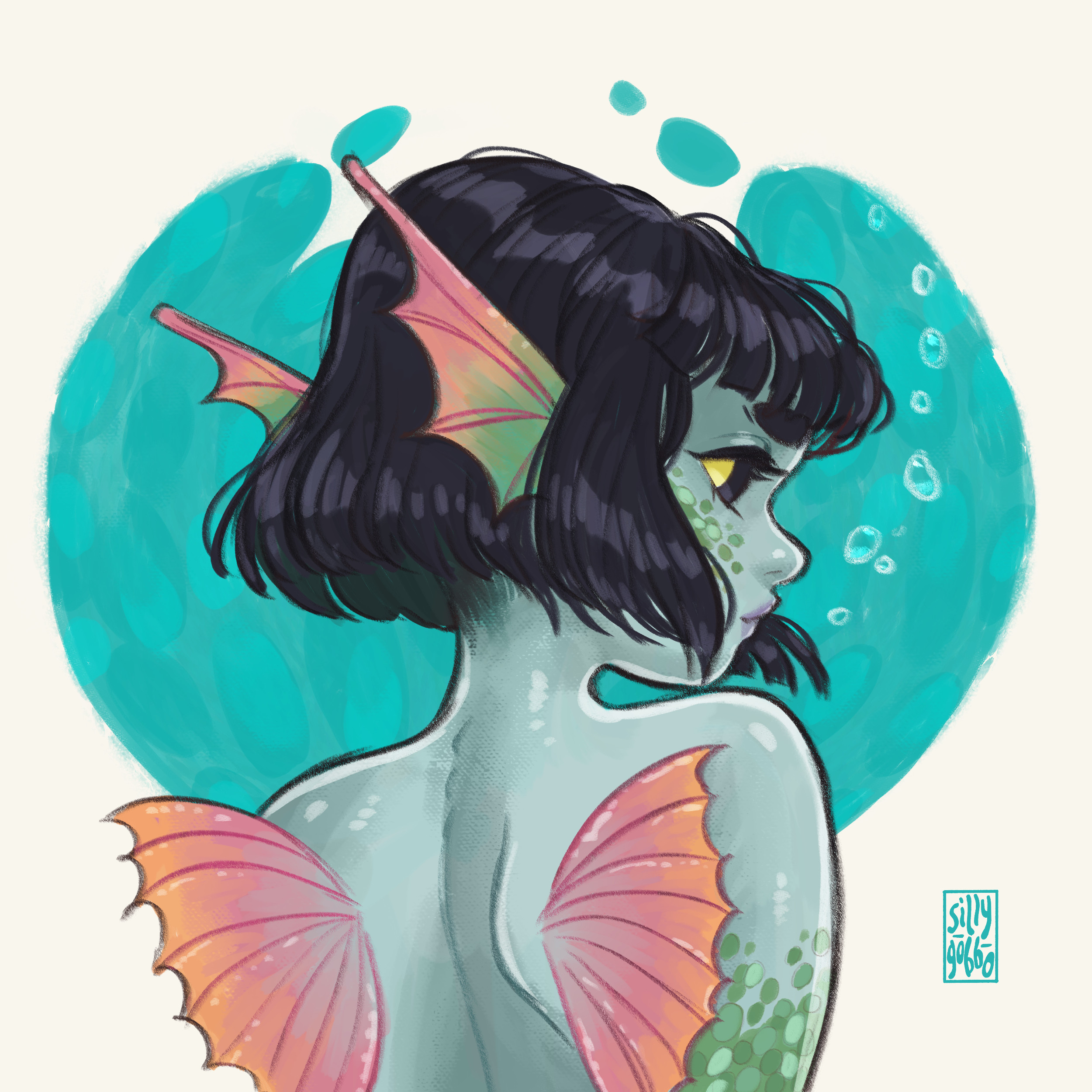 Portrait of Aava, a mermaid with dark bob cut hair, seen from behind, turning her head to look at the viewer. The background is fairly abstract, but it's clear that she's underwater.