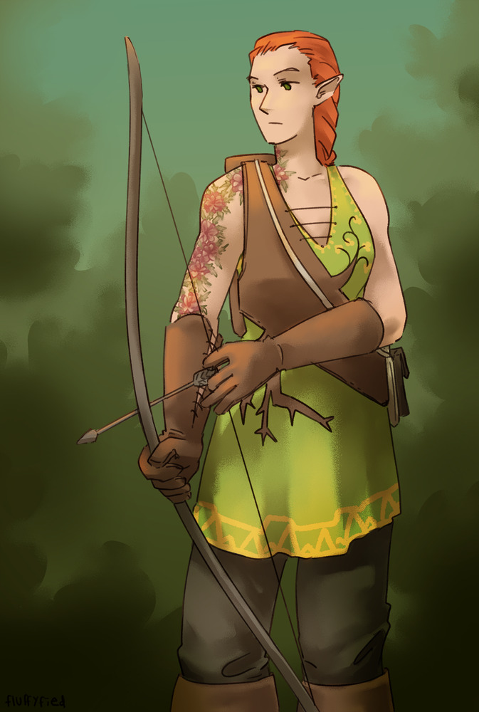 Half-body portrait of Miriel, a red-haired forest elf with a flower tattoo on her arm, brandishing a bow.