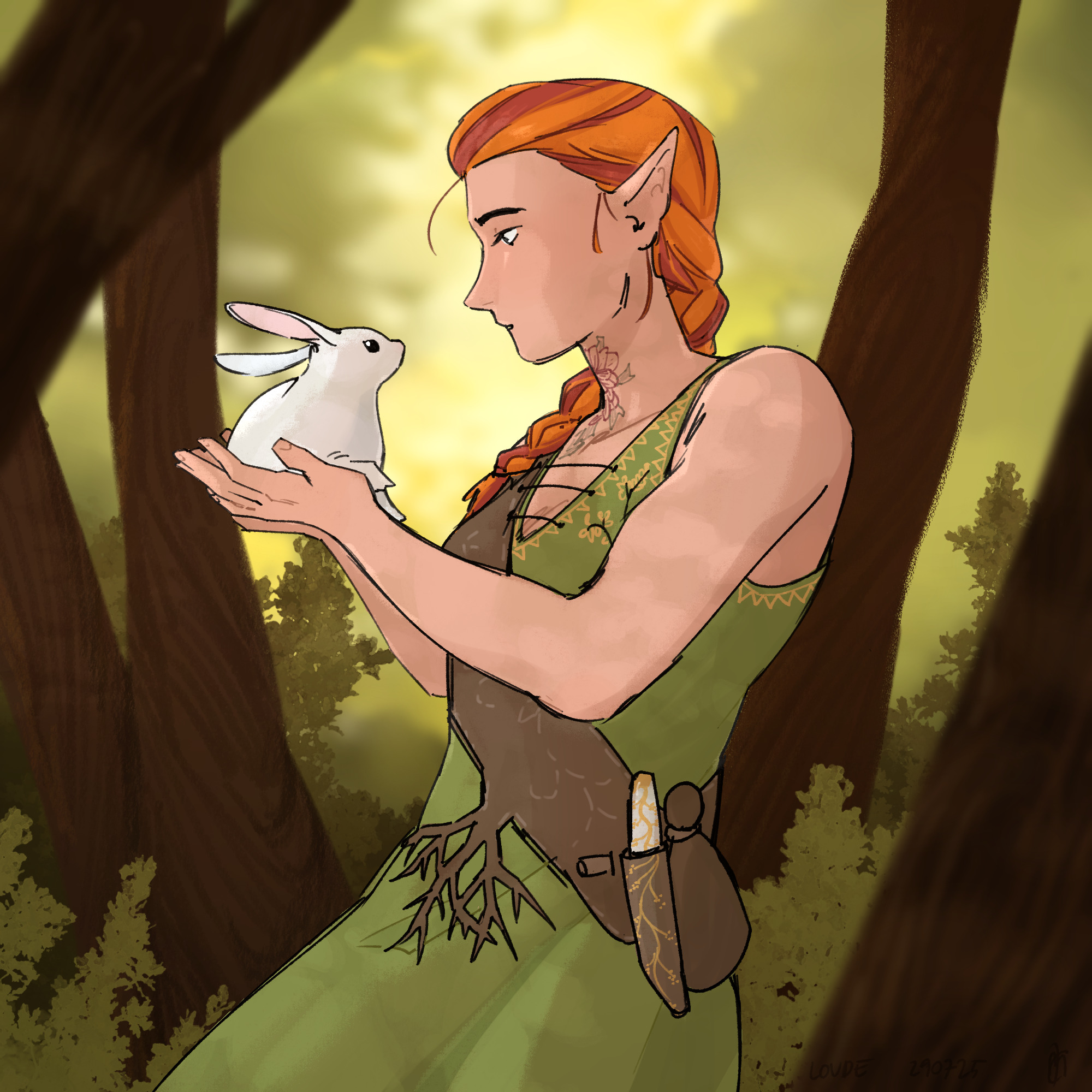 Halfbody portrait of Miriel, a red-haired forest elf who wears a green embroidered tunic, holding a small white rabbit in her hands.