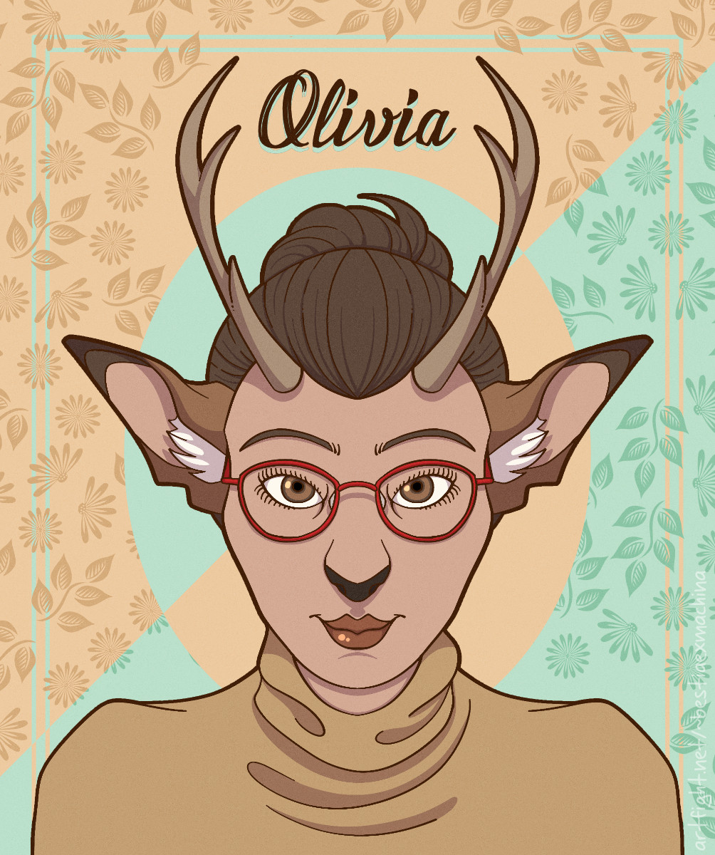 Frontal portrait of a young female faun wearing red glasses and a yellow turtleneck. Her hair is tied to a bun and she is slightly smiling.