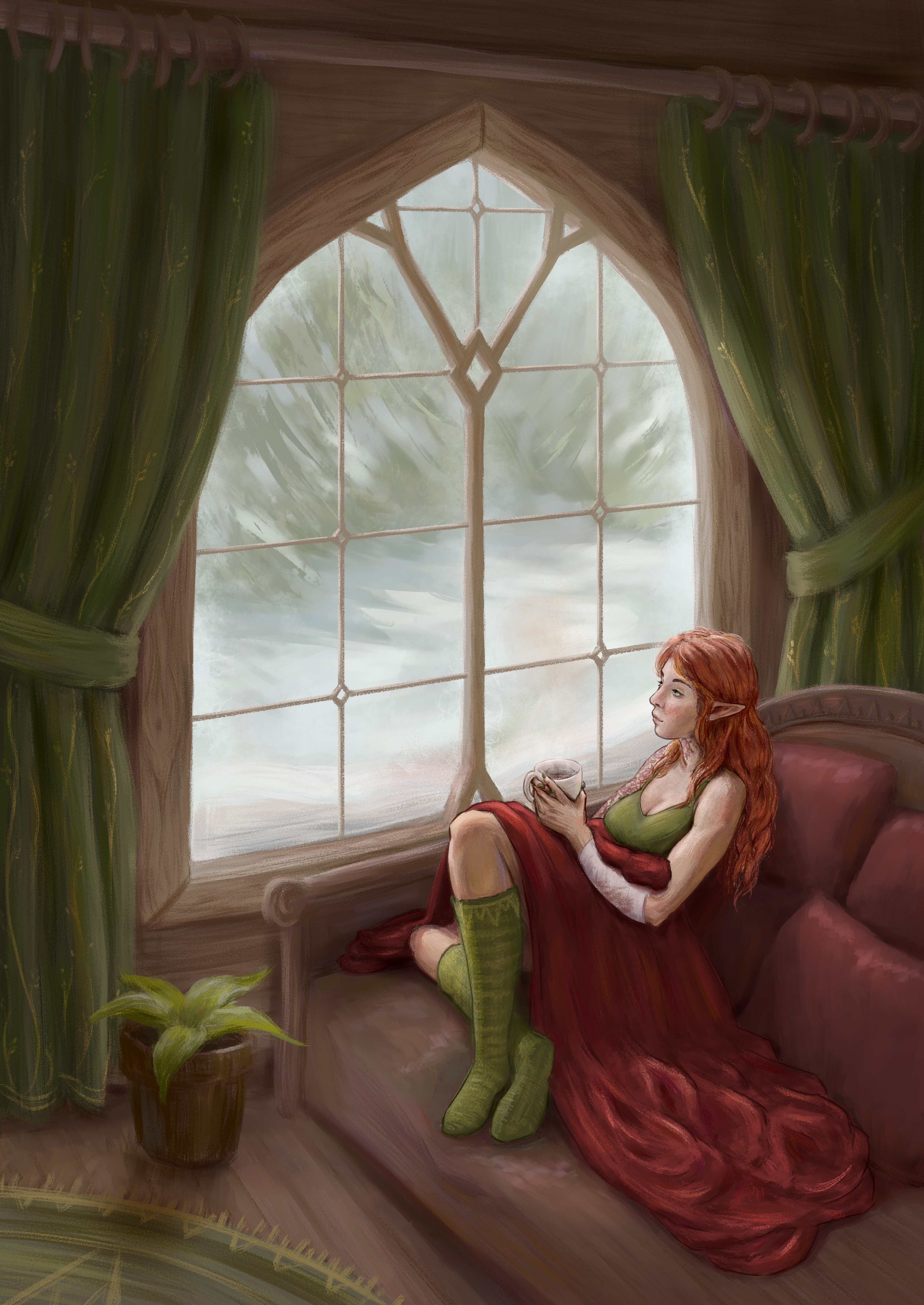 Digital painting of Miriel, a red-haired elf,
sitting on a sofa next to a large window. It's a bright, snowy day in the forest outside.
Miriel is cozy under a blanket with woolly socks, her hair let out of its usual braid,
and a cup of something warm in her hand.
Her forearm is wrapped in a bandage with traces of blood visible on it.