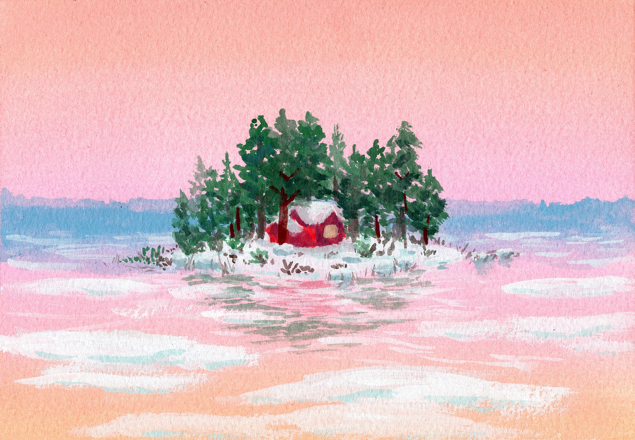 A5-sized gouache painting of a cabin on a tiny island during a very pink sunset.
It's surrounded by trees, snow, and clear ice that reflects the sky.