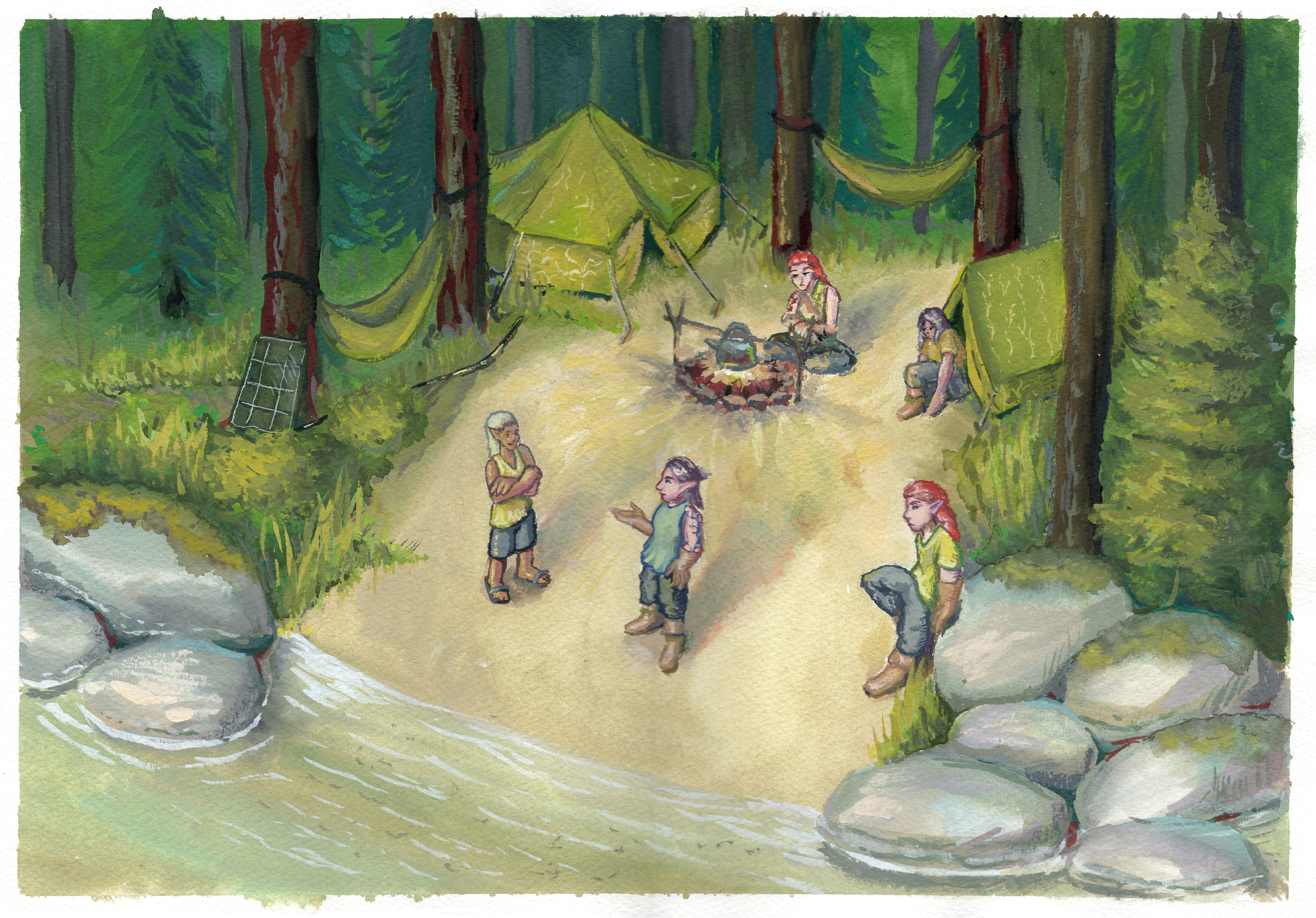 Gouache painting of a campsite on a sandy beach in warm morning sunlight. There are tents, hammocks, and a fire with a teapot hanging over it. Two elves are chatting to each other and looking at the lake, with another leaning on a rock nearby listening to them. One more elf (this one you might know as Miriel) is sitting by the fire, and yet another is crawling out from one of the tents. There's also a small solar panel with a cable leading into the largest of the tents.
