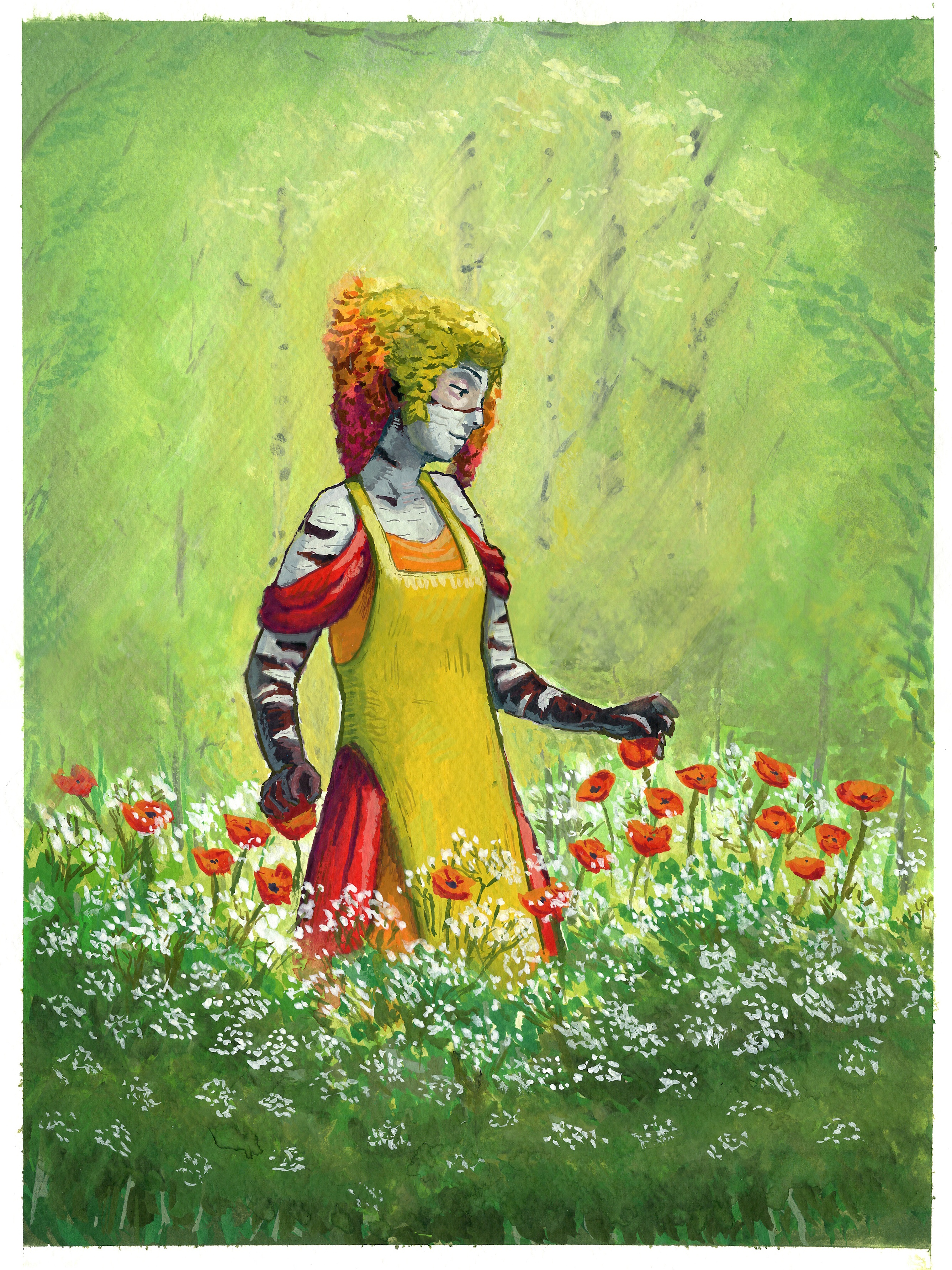 Half-body portrait of Ivu the dryad: a lady with birch bark skin and leaf hair, wearing a dress and an apron in the colors of fall. She's standing in a sunlit forest, caressing some poppy flowers with her hands.