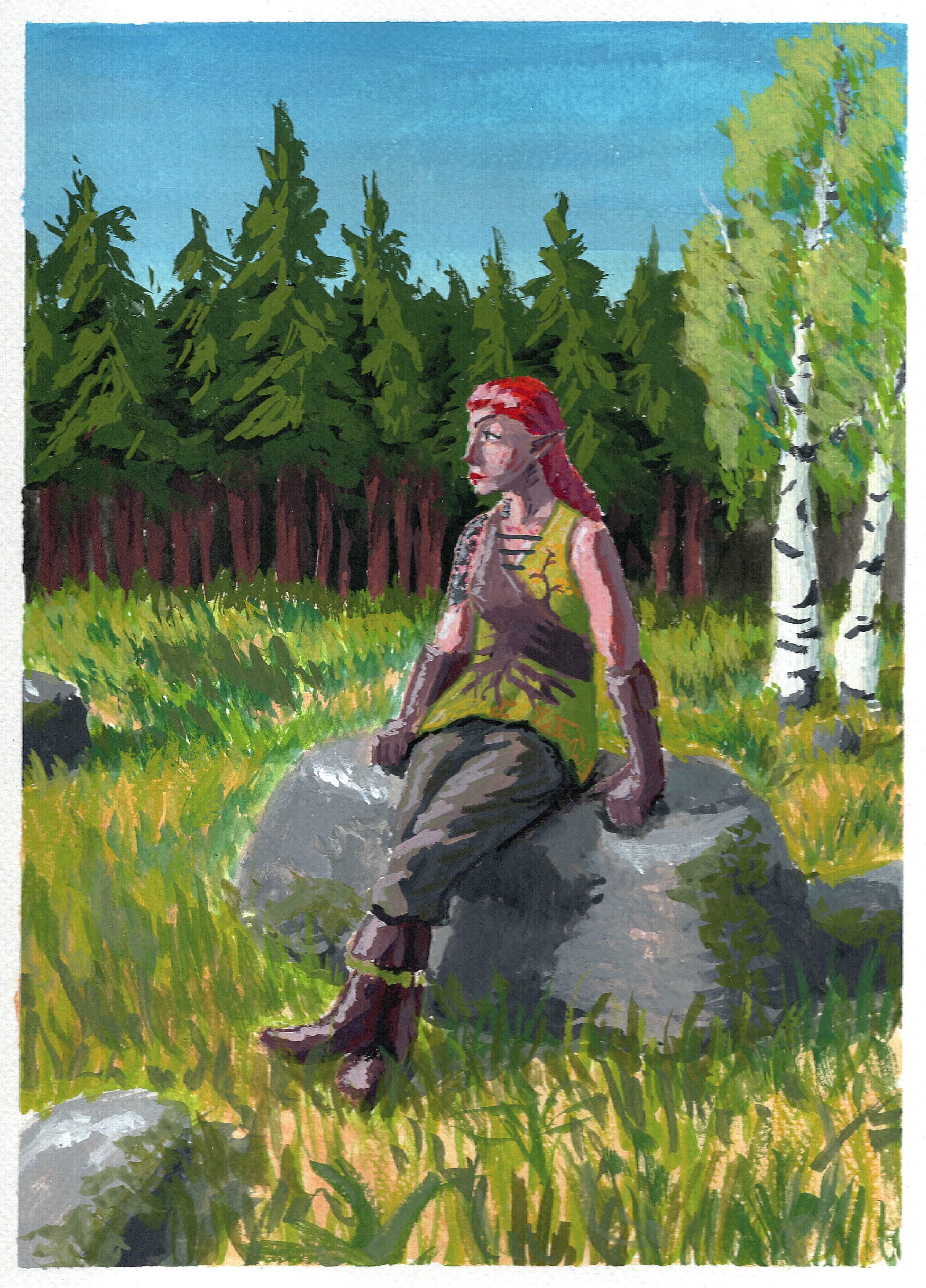 Painting of a red-haired elven woman relaxedly leaning on a rock in a grassy field. It's a sunny day and a coniferous forest is seen in the background.