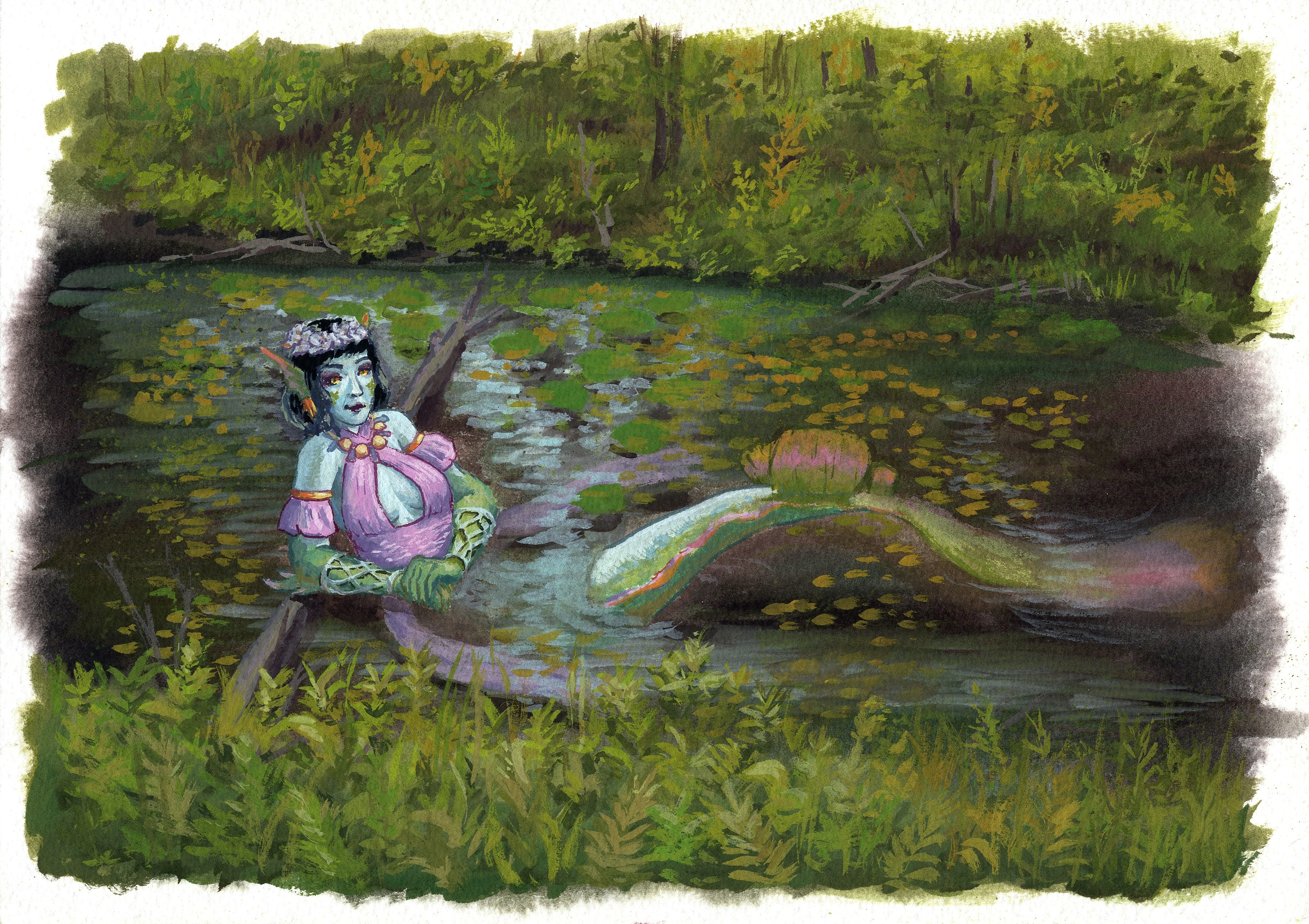Gouache painting of Aava the mermaid lounging in a shallow stream with a crown of flowers on her head. The water is murky, covered in lilies and fallen leaves. A clear sky is reflected from the water surface, and there's lots of green foliage surrounding the stream, but yellow tones and fallen leaves suggest that it's not quite summer anymore.