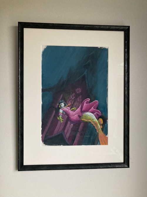 The previous painting hanging on a wall, framed with dark stained wood that matches the darks of the image.