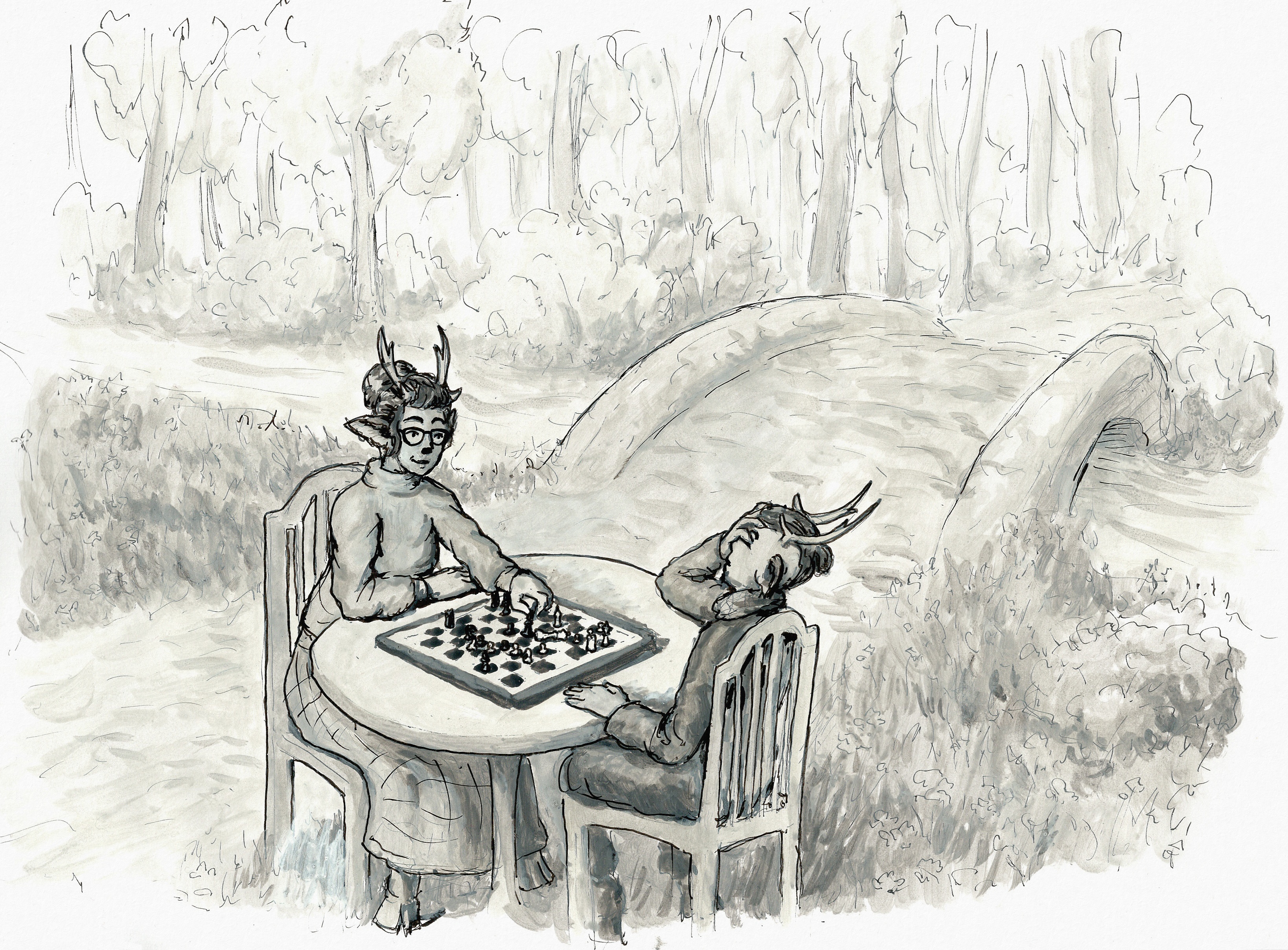 Black and white ink painting of the faun mathematicians Olivia and Basil sitting at a park table playing chess. Basil facepalms as Olivia knocks over his queen. Behind them we see a little stream and a cobblestone bridge going across it, leading into a forest.