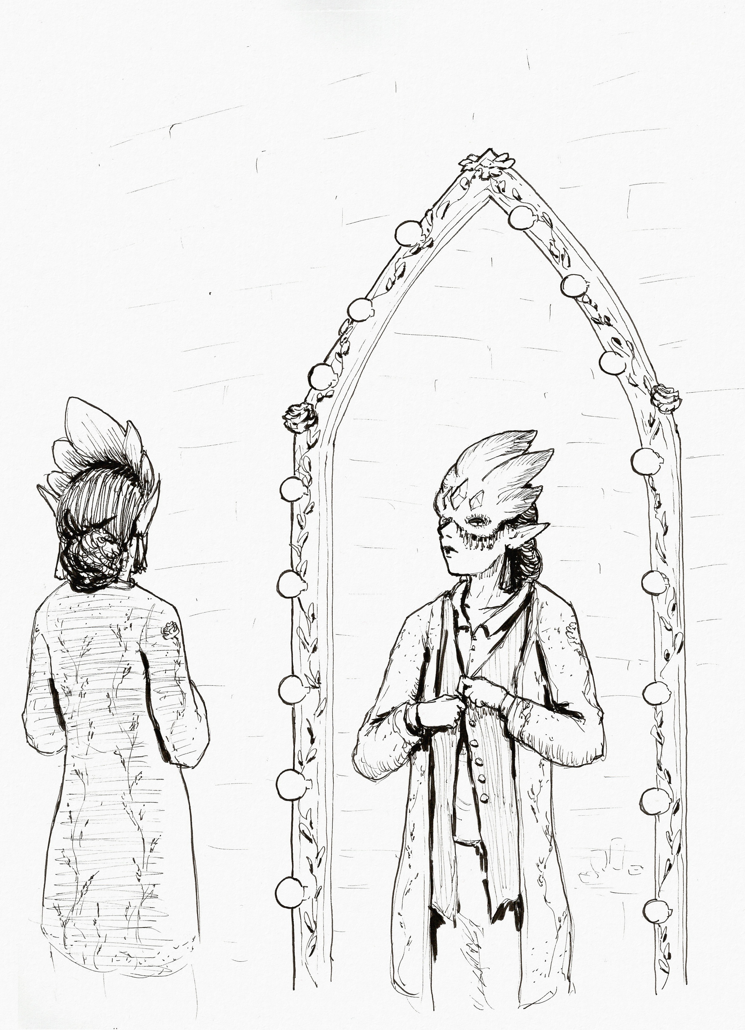 An androgynous figure in front of a fancy dressing room mirror with lights. They're wearing makeup and a mask over the eyes that connects into a headdress with feather-like patterns, and they're currently buttoning up a multilayered suit with floral embroidery patterns.