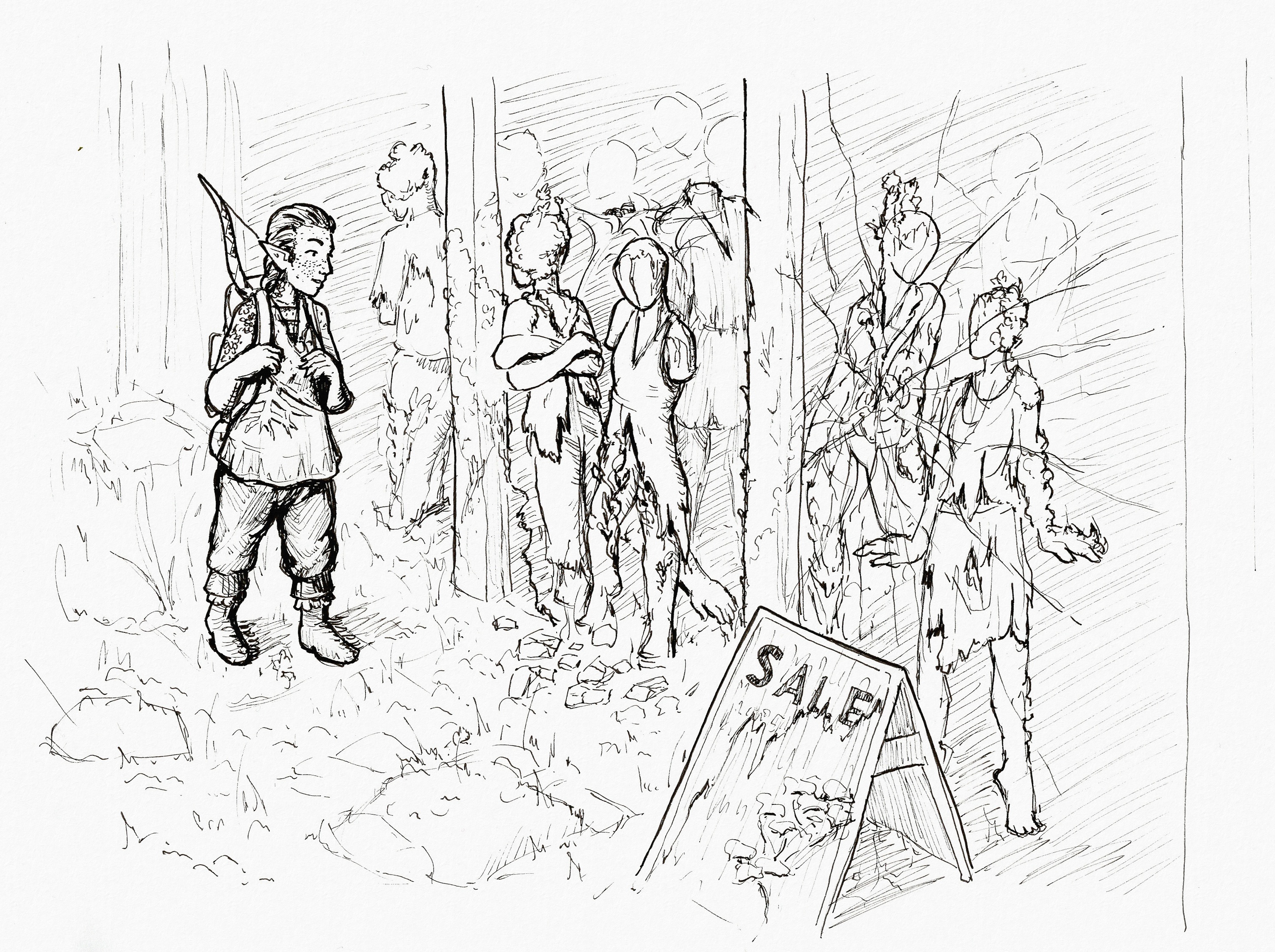 Miriel walking by a dilapidated shop window. The window is full of mannequins covered with foliage and old torn clothes. There's a sign out front that has been mostly worn away but the word "sale" is still visible.