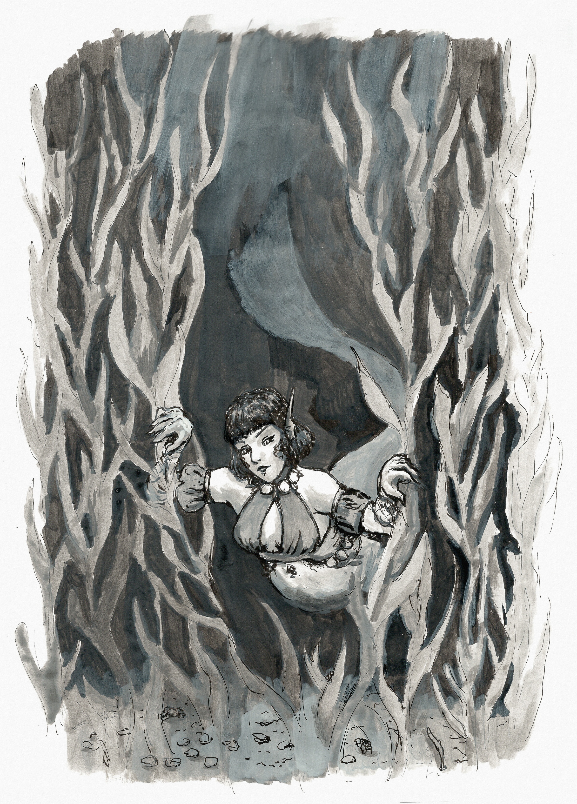 Black and white ink painting of a mermaid swimming in dark water. She's moving strands of kelp aside with her hands and looking down at the floor, where we can see some clams and little critters.