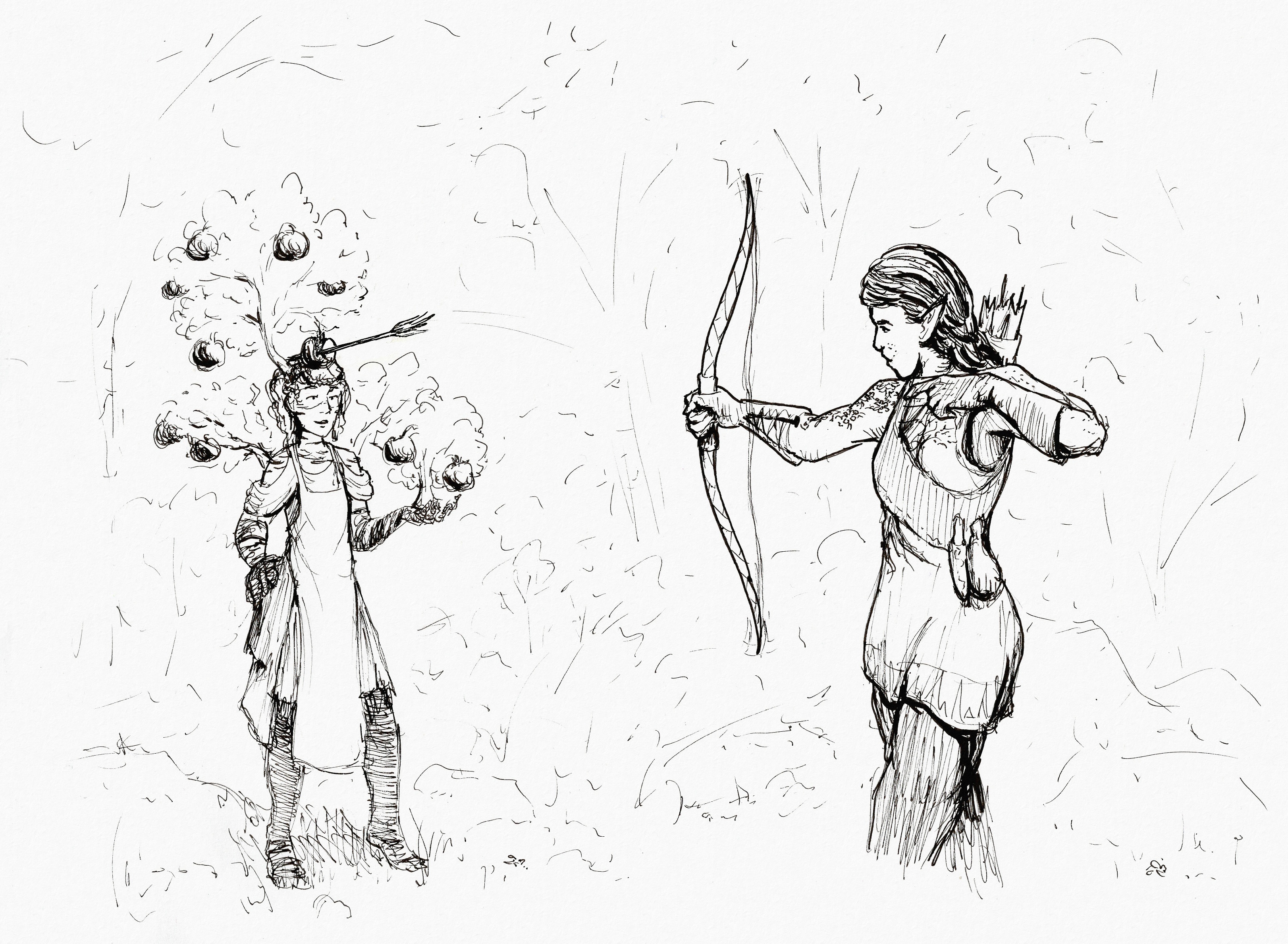 Ink drawing featuring Miriel the elf and Ivu the dryad. Little apple trees are growing out of a relaxed-looking Ivu's head and hand. One apple is positioned right on top of her head and has an arrow sticking out of it. Miriel is aiming down her bow and has just released the string.