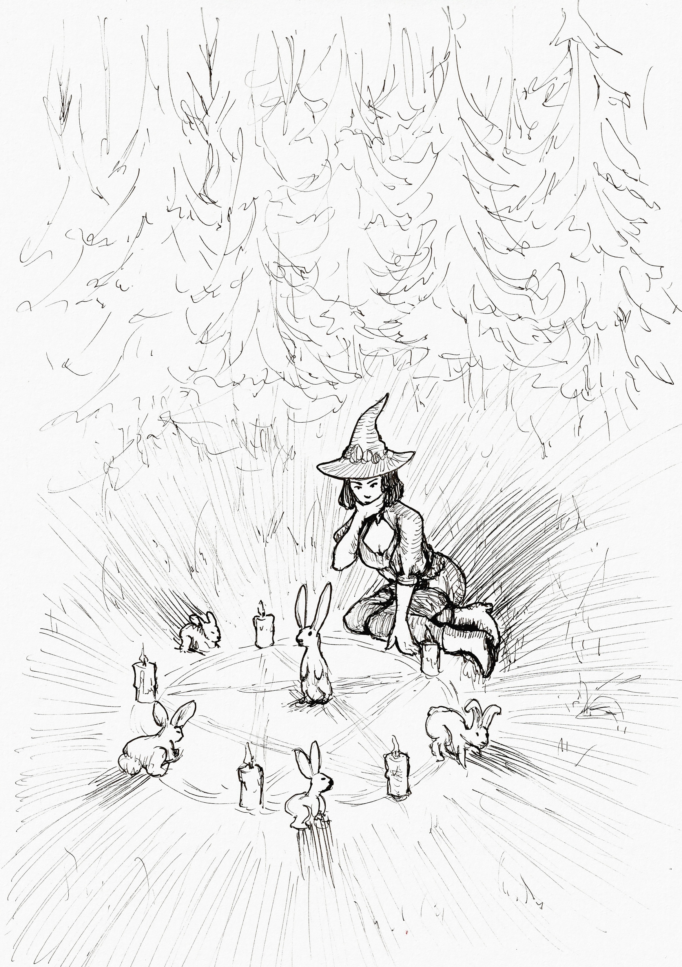 A witch sitting next to a circle of candles that forms a pentagram. She's frowning with her hand on her chin while a bunch of rabbits hop around the circle.