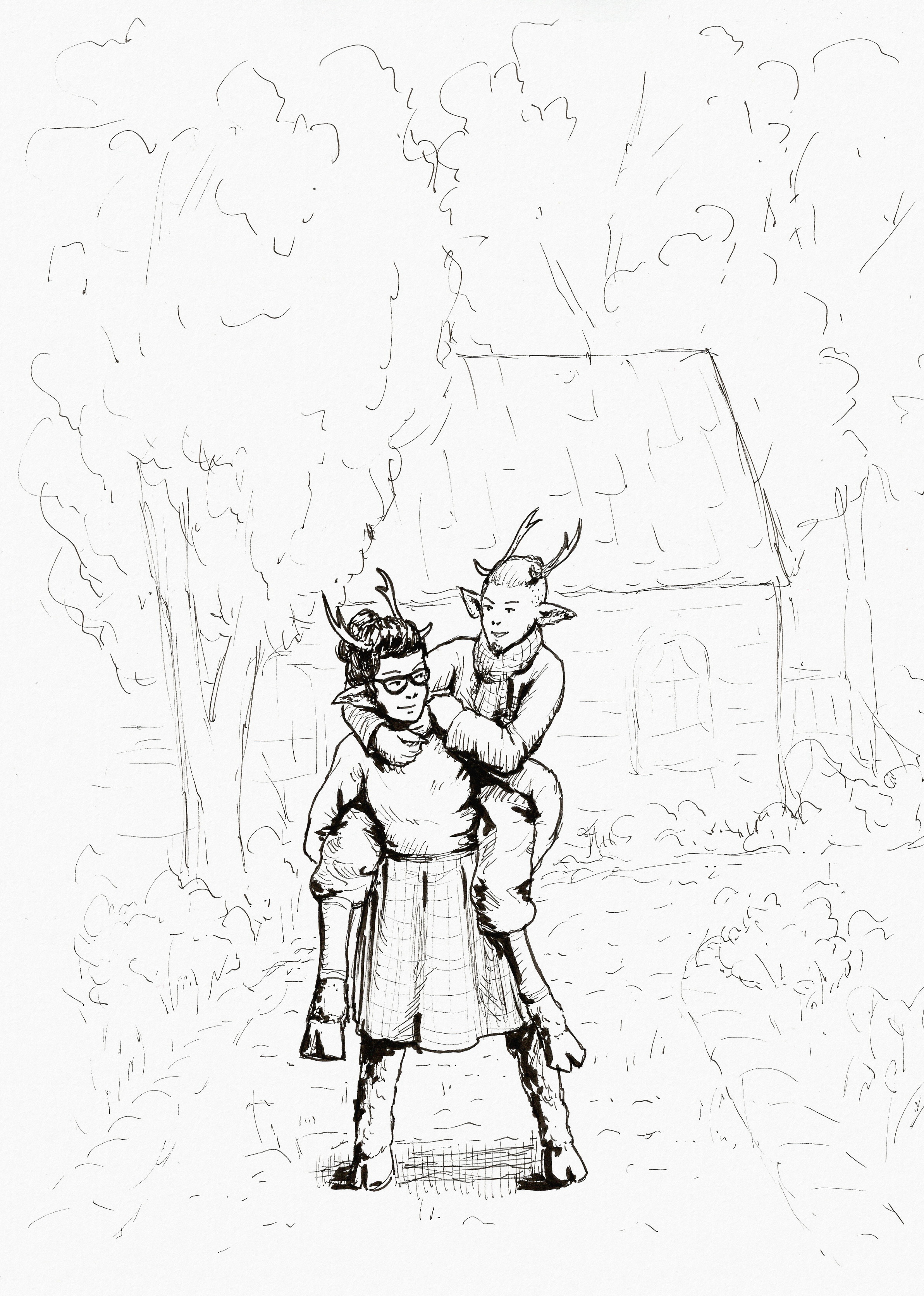 Ink drawing of Olivia and Basil the faun mathematicians. Basil is riding piggyback on his big sister's shoulders, and they're looking at each other with mischievous smiles. They're on a dirt road lined with stones, with a house and trees in the background.