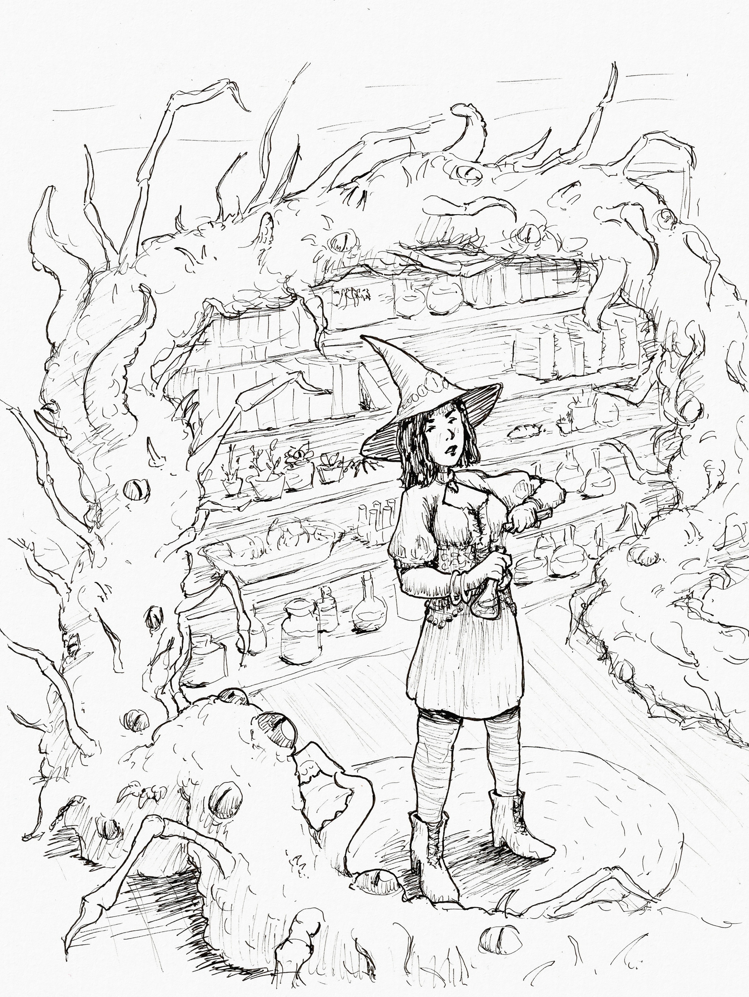 A witch mixing some liquids in a bottle. She's surrounded by a gigantic worm monster covered with insectoid legs, tentacles and eyeballs. One part of the worm is looking at the witch with sparkly puppy eyes and making a pleading gesture with tentacles. She looks back with an exasperated expression. In the background is a shelf filled with jars, bottles, books and plant pots.