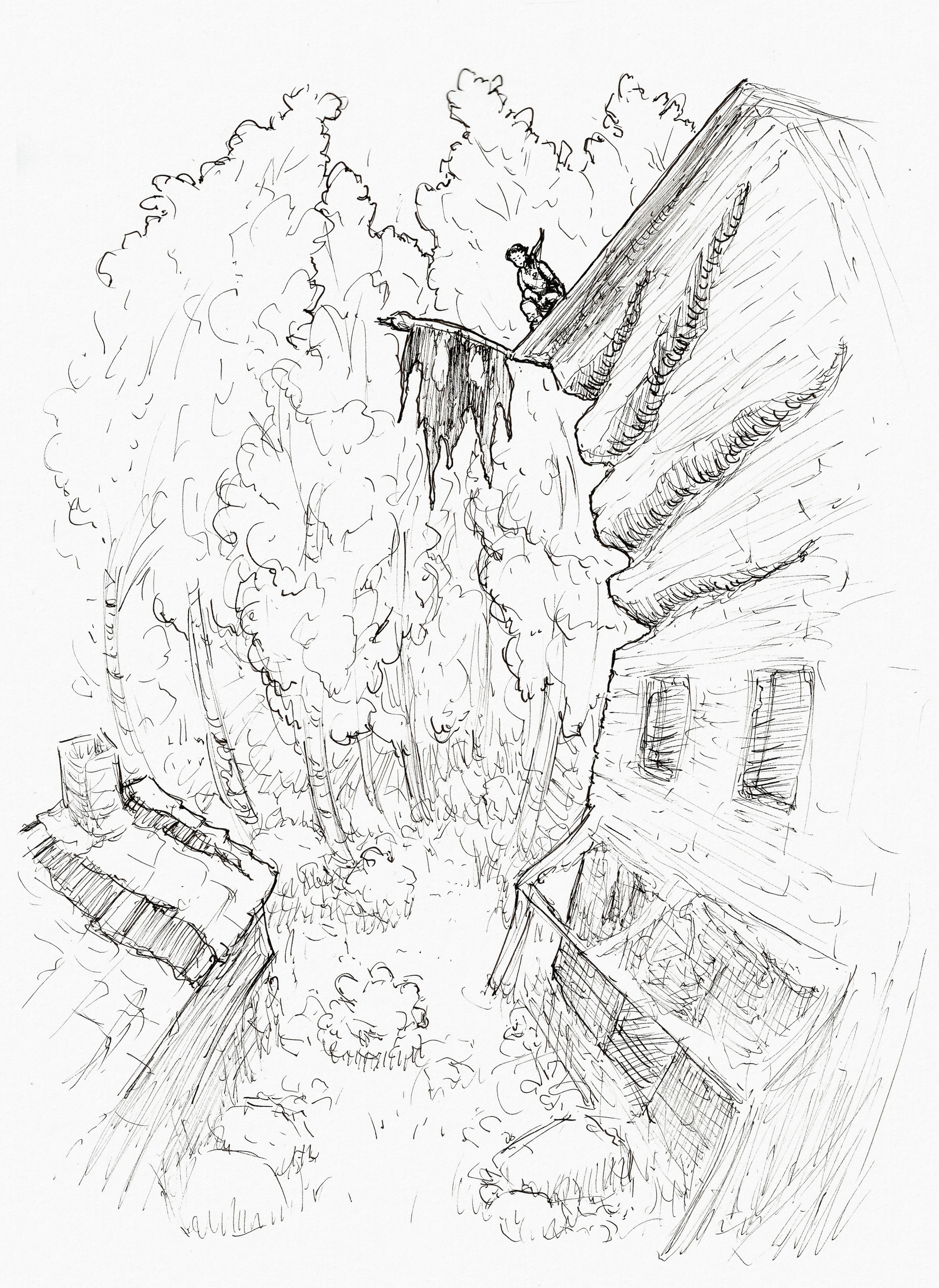 A building a few storeys tall, seen from a fisheye perspective that shows us its entire height and the overgrown street next to it. Near the top there are deep grooves that resemble claw marks, and the shredded remnants of a flag are hanging from a pole on the roof. Miriel is next to the flagpole peeking over the edge of the roof.