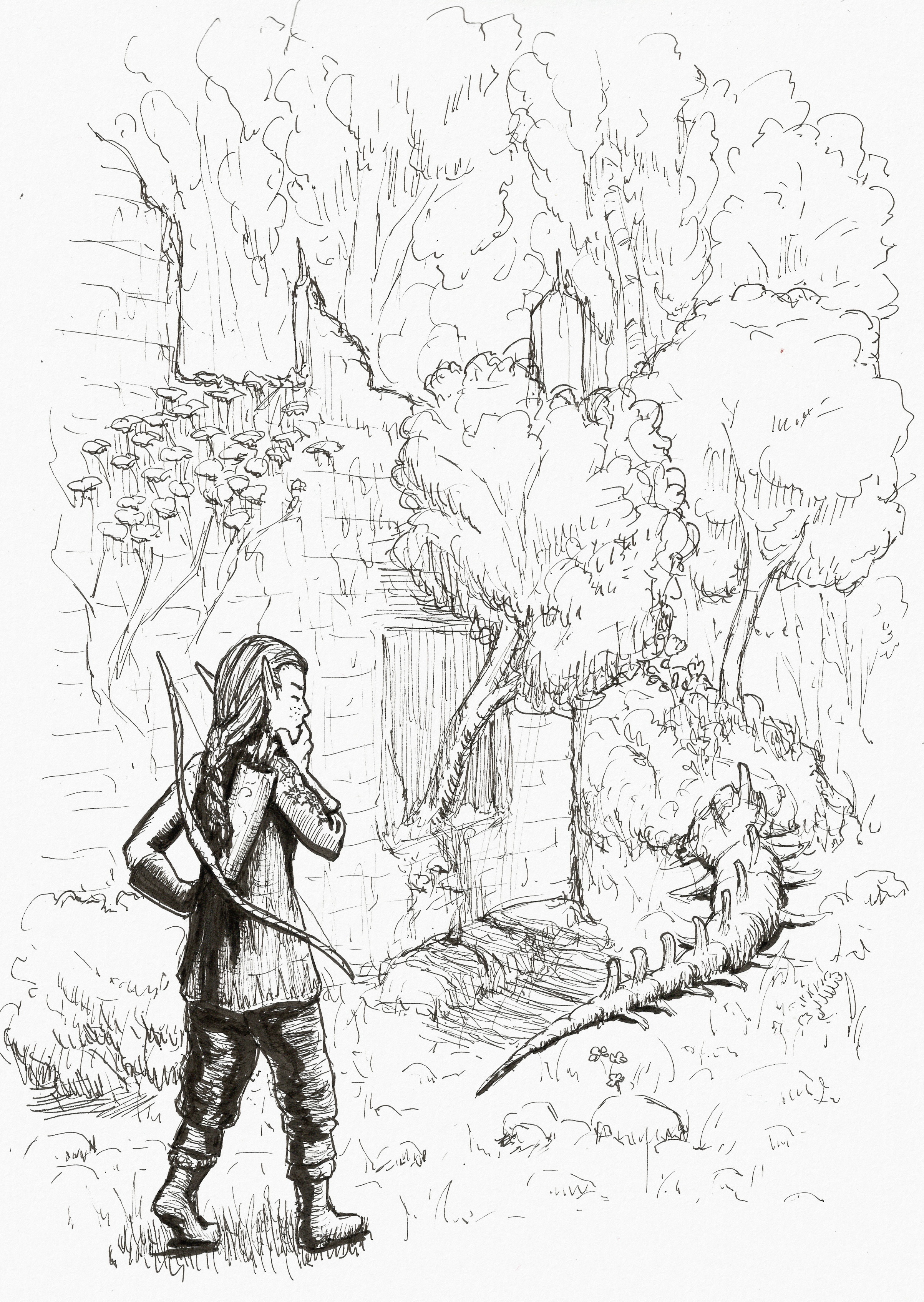 Miriel walking by a partially collapsed building, looking ahead with a frown. On the ground in front of her is something that looks an awful lot like tail vertebrae of some large creature, leading to a mound covered in moss and foliage.