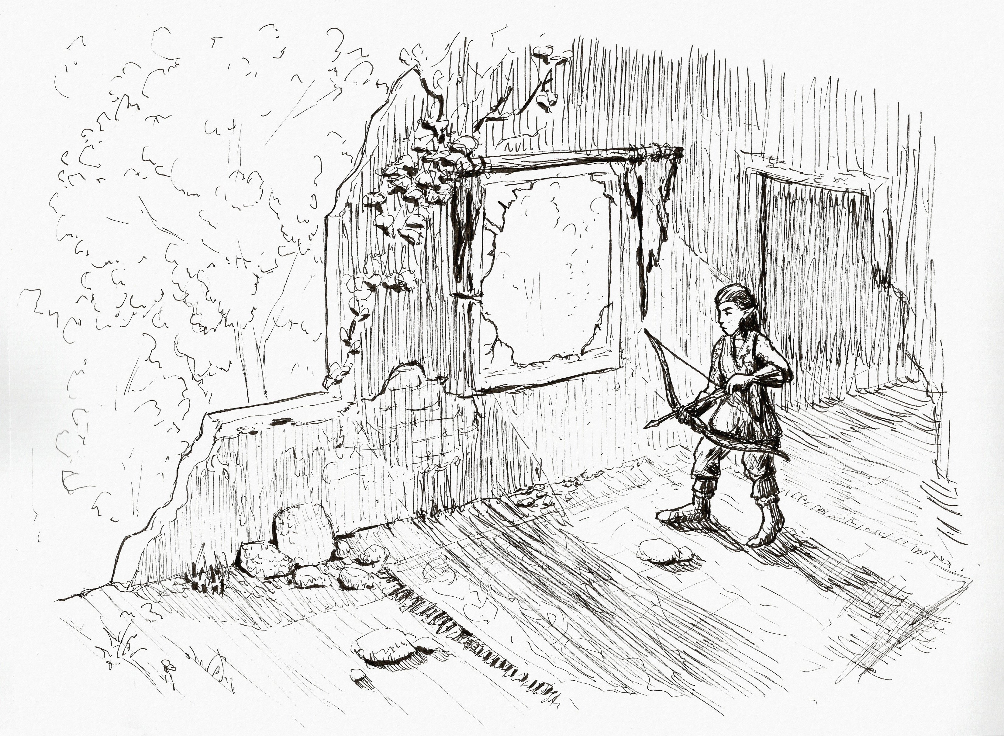 Miriel exploring a dilapidated house. A shaft of sunlight coming in through a broken window illuminates her holding a bow with an arrow nocked and looking ahead with a focused expression. There's rubble and grass on the floor, and part of the wall ahead has collapsed, revealing trees outside.