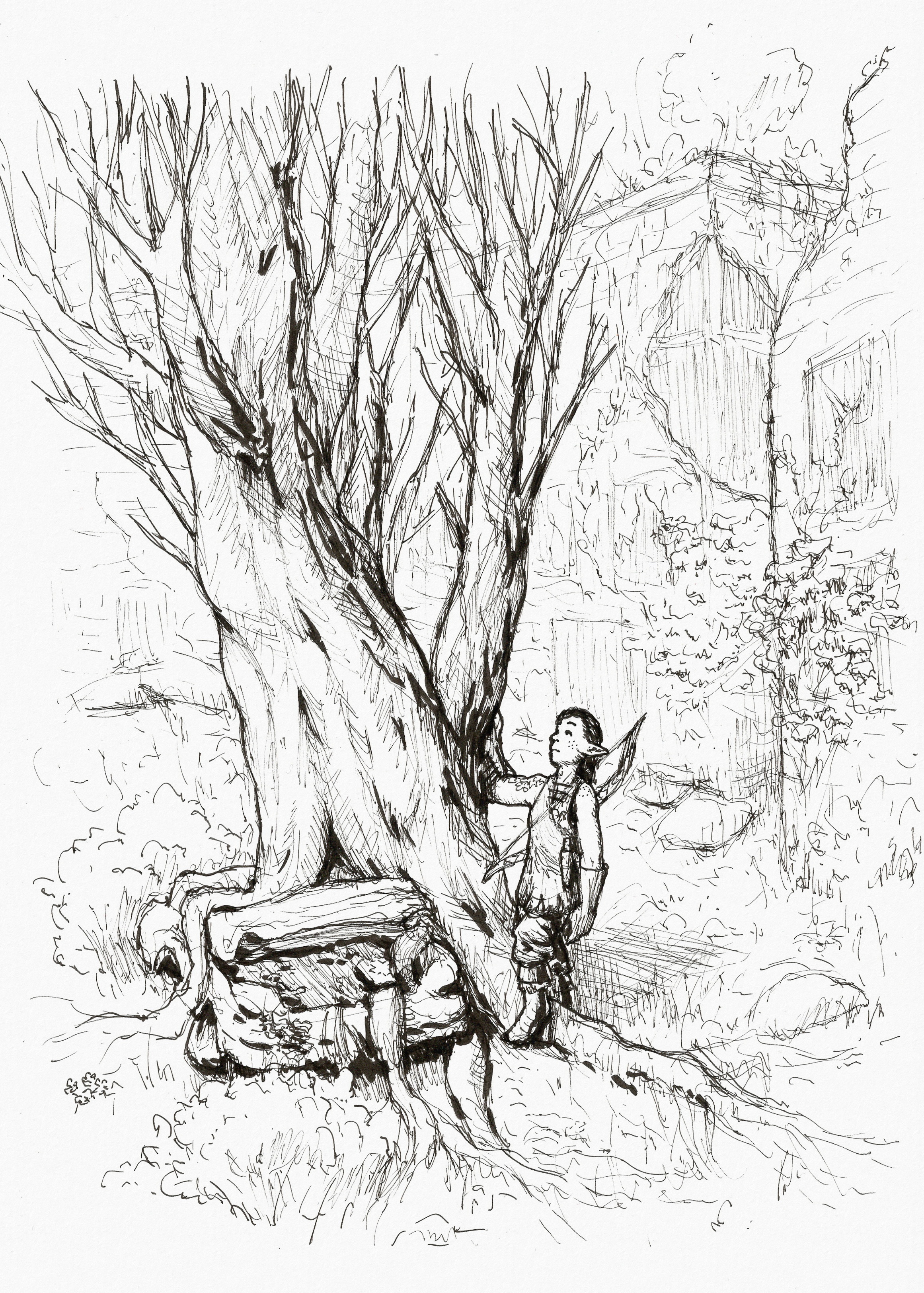 A wide-trunked tree partially growing on and through a destroyed car with the trunk open. Miriel is stepping across one of the tree's thick roots, looking up to see how high it goes. Bushes, debris, and ruined buildings are seen in the background.