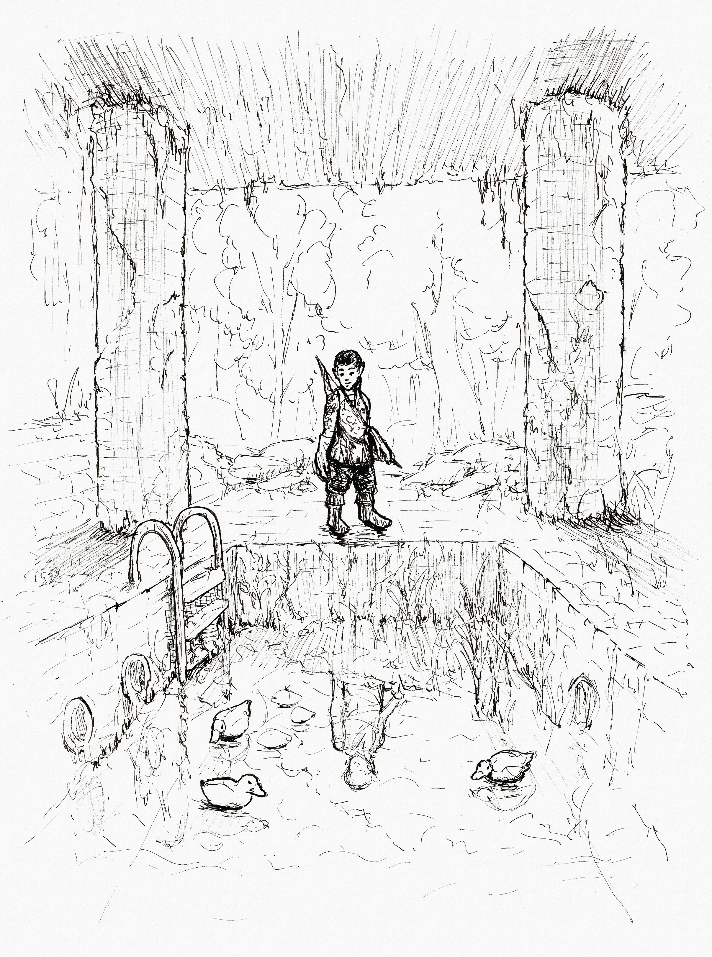 Miriel standing next to an overgrown indoor swimming pool. There's some water in it that we can see her reflection in, and a few ducks swimming around. There's no wall behind her, only some rubble, and we see trees outside.