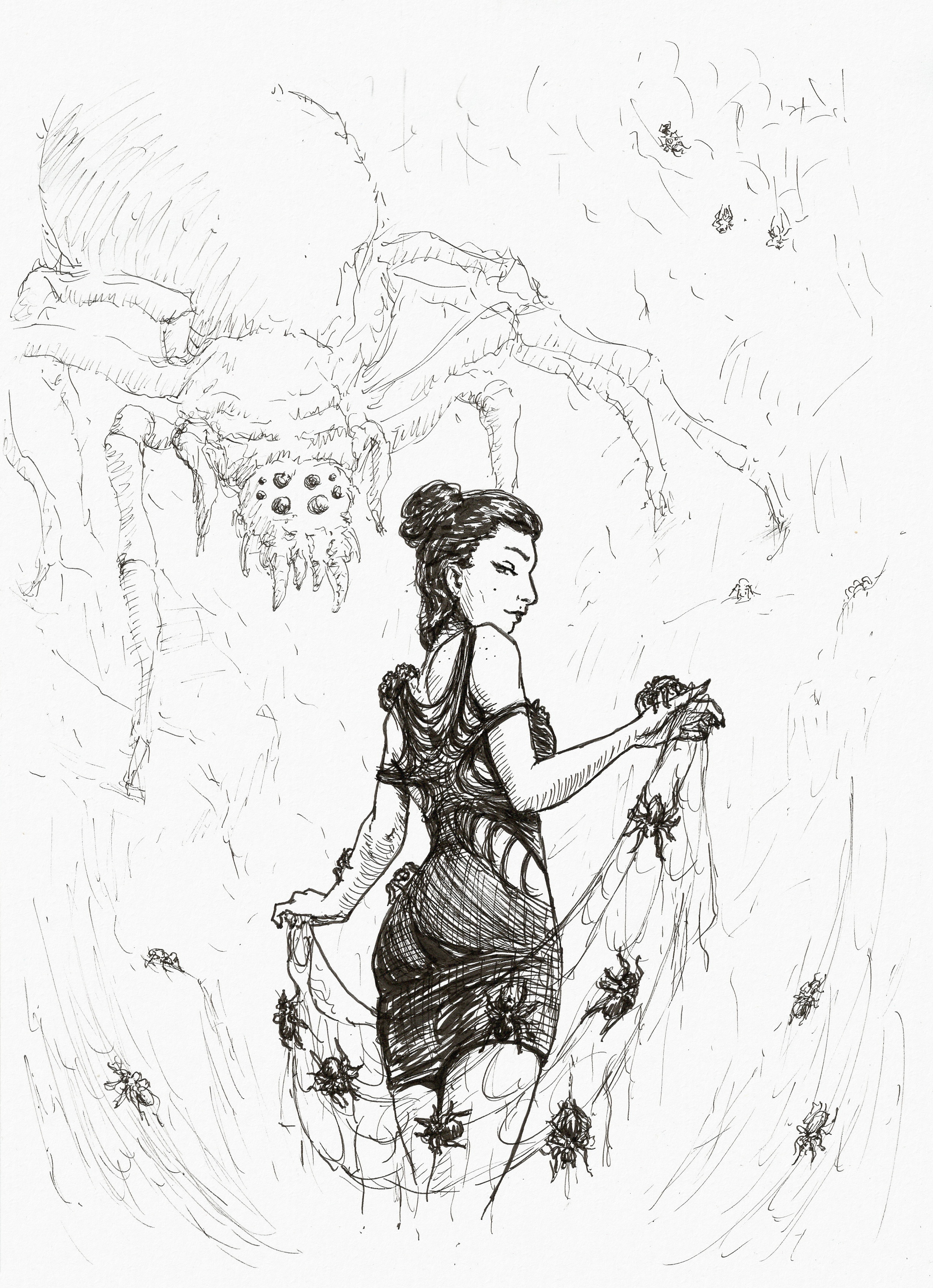 Ink drawing of a woman in a black dress with spiderweb-like patterns. There are spiders crawling over her and a spiderweb draped between her hands. She's looking back at us over her shoulder with a sly smile, while an enormous spider monster looms in the background.
