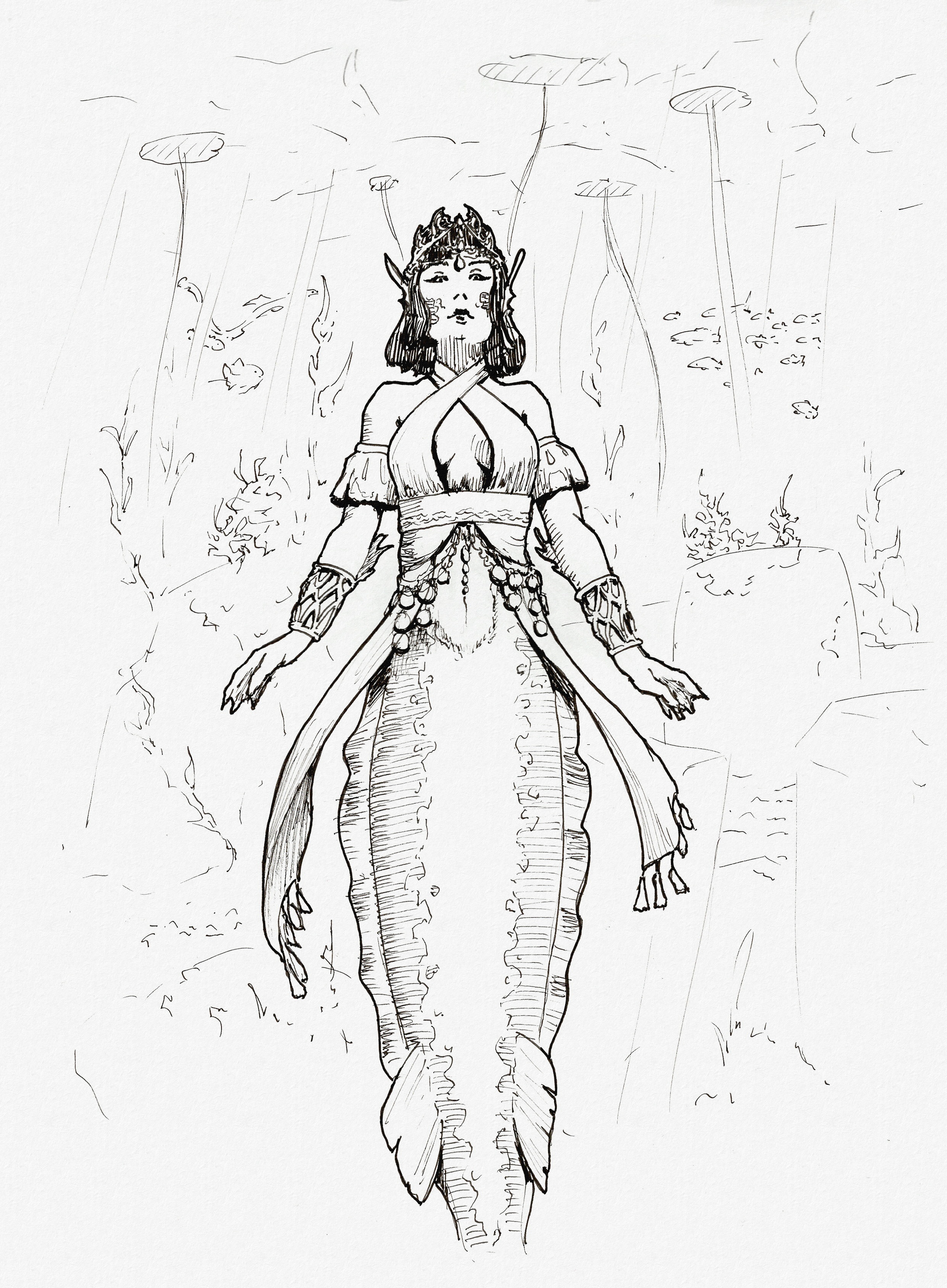 Ink drawing of a mermaid, dressed in fancy jewelry, floating upright in front of various rocks, fish, and other such underwater scenery.