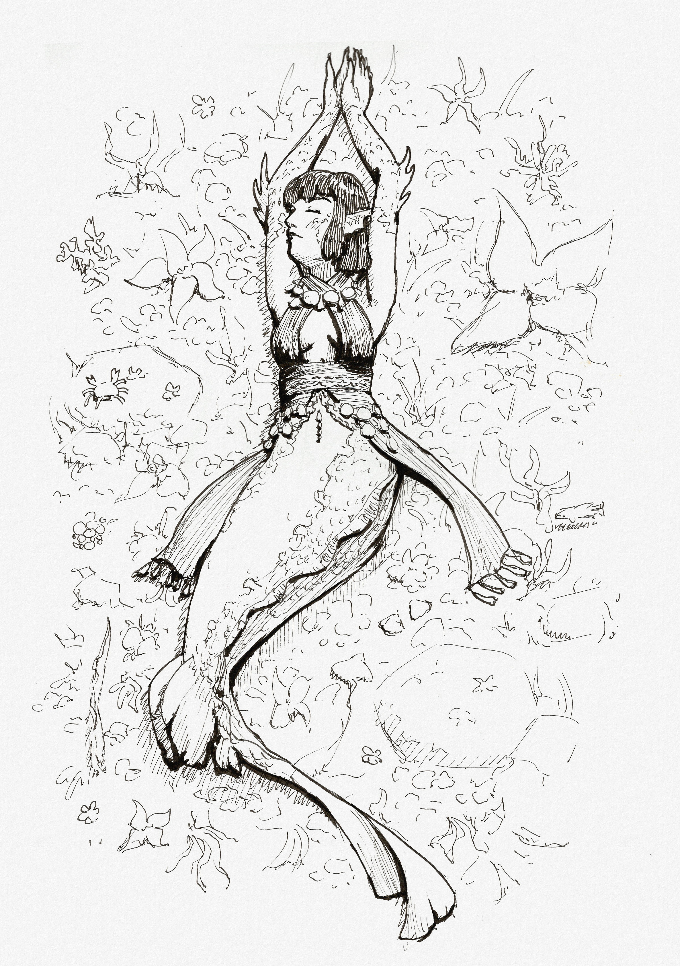 Ink drawing of a mermaid lounging on the sea floor surrounded by a variety of plants, rocks, and fish.