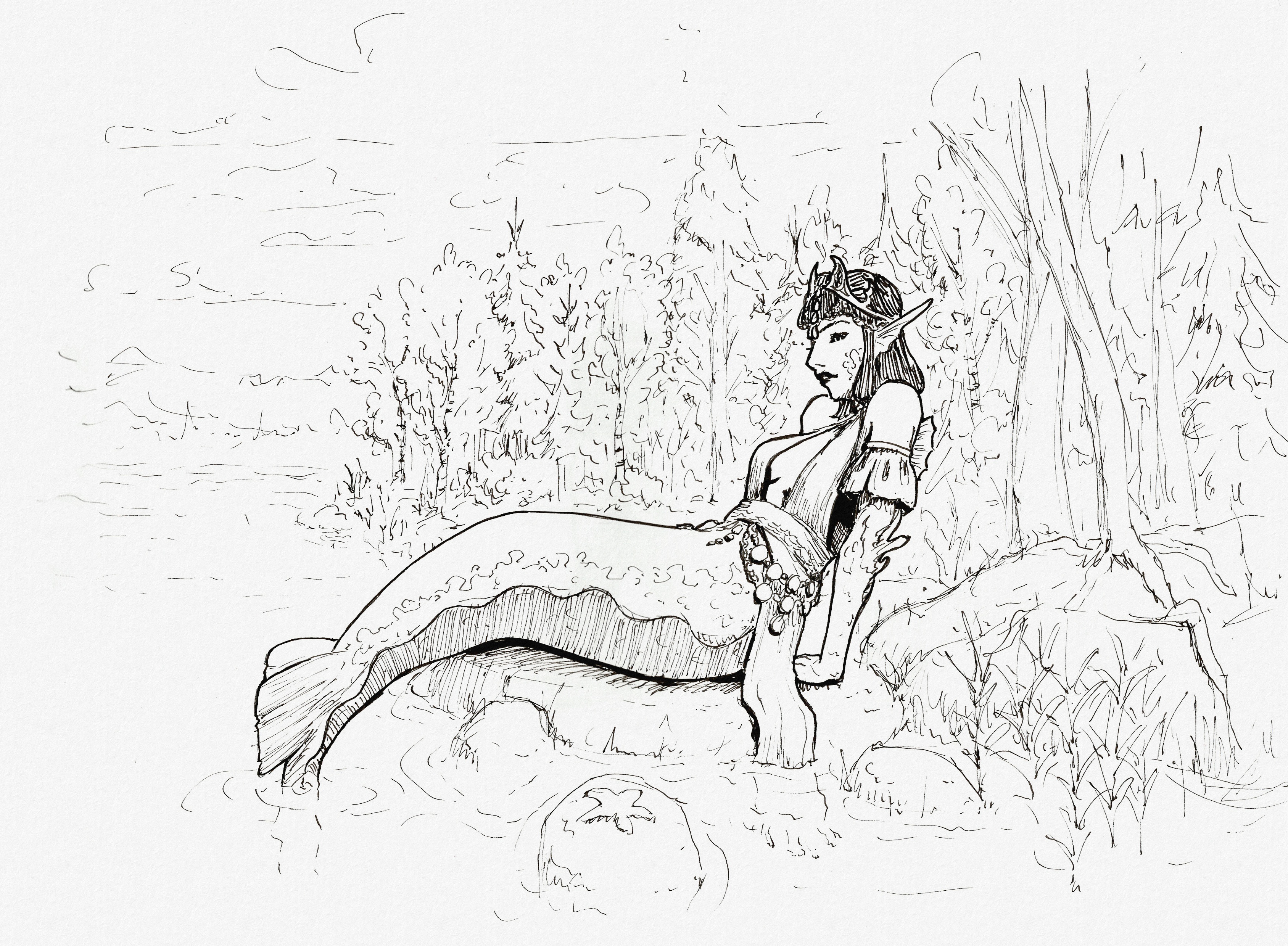 Ink drawing of a mermaid sitting on a rock, leaning back with her tail in the water. A forest is seen on the shoreline behind her.