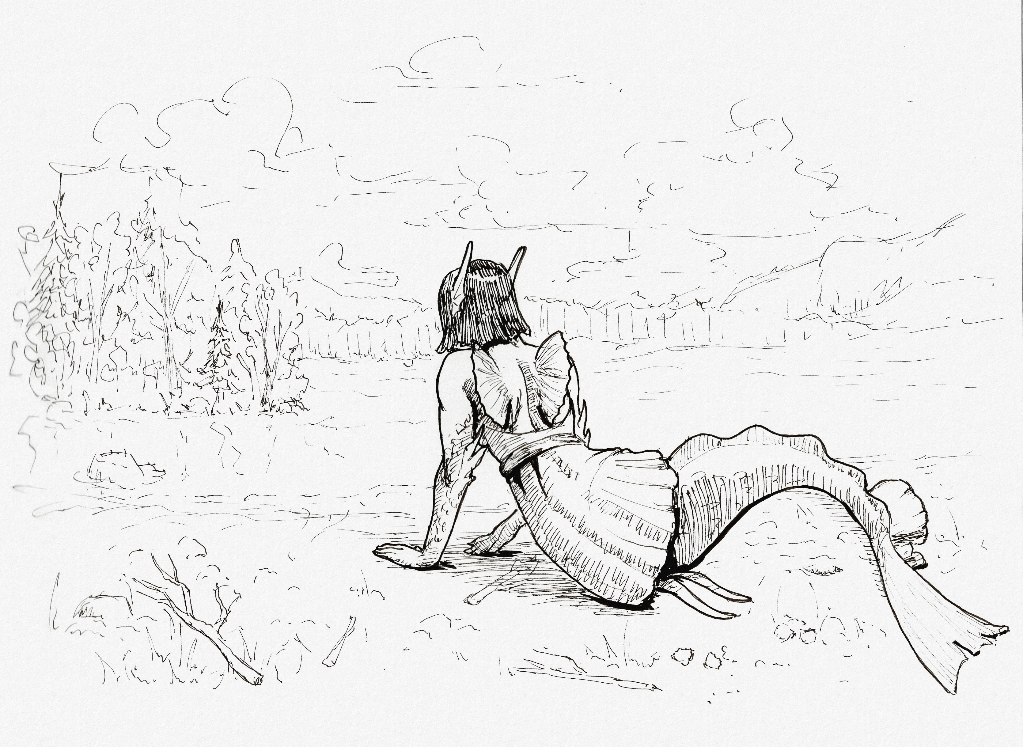 Ink drawing of a mermaid wearing a dress on a beach, seen from behind. She's looking towards a nearby island covered with trees.