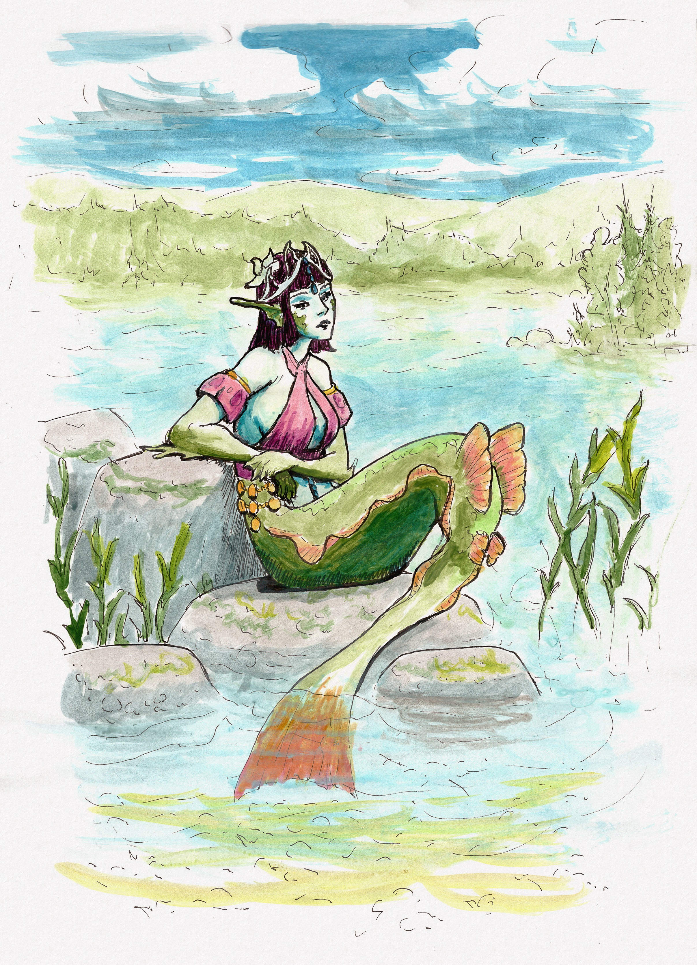 Colored ink drawing of Aava the mermaid relaxedly sitting on rocks at a lake shore with her tail dipped in the water. The background is also painted in color; it's a calm, bright day and you can see forest hills extending far into the distance.