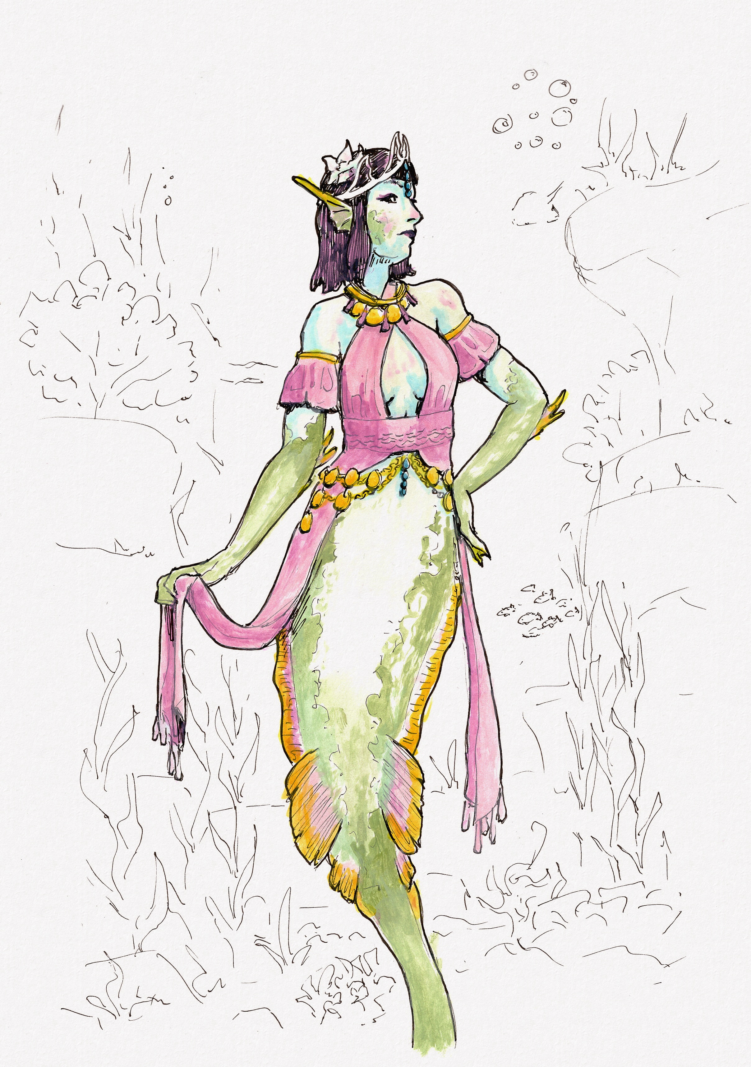 Colored ink drawing of Aava the mermaid underwater. She's wearing a top with decorative streamers hanging off it, holding one of them in her hand. The pose has a bit of sass to it, probably directed at the artist who forgot to draw the streamers in the previous image. The background is not colored, drawn in simple line that suggests underwater cliffs and seaweed.