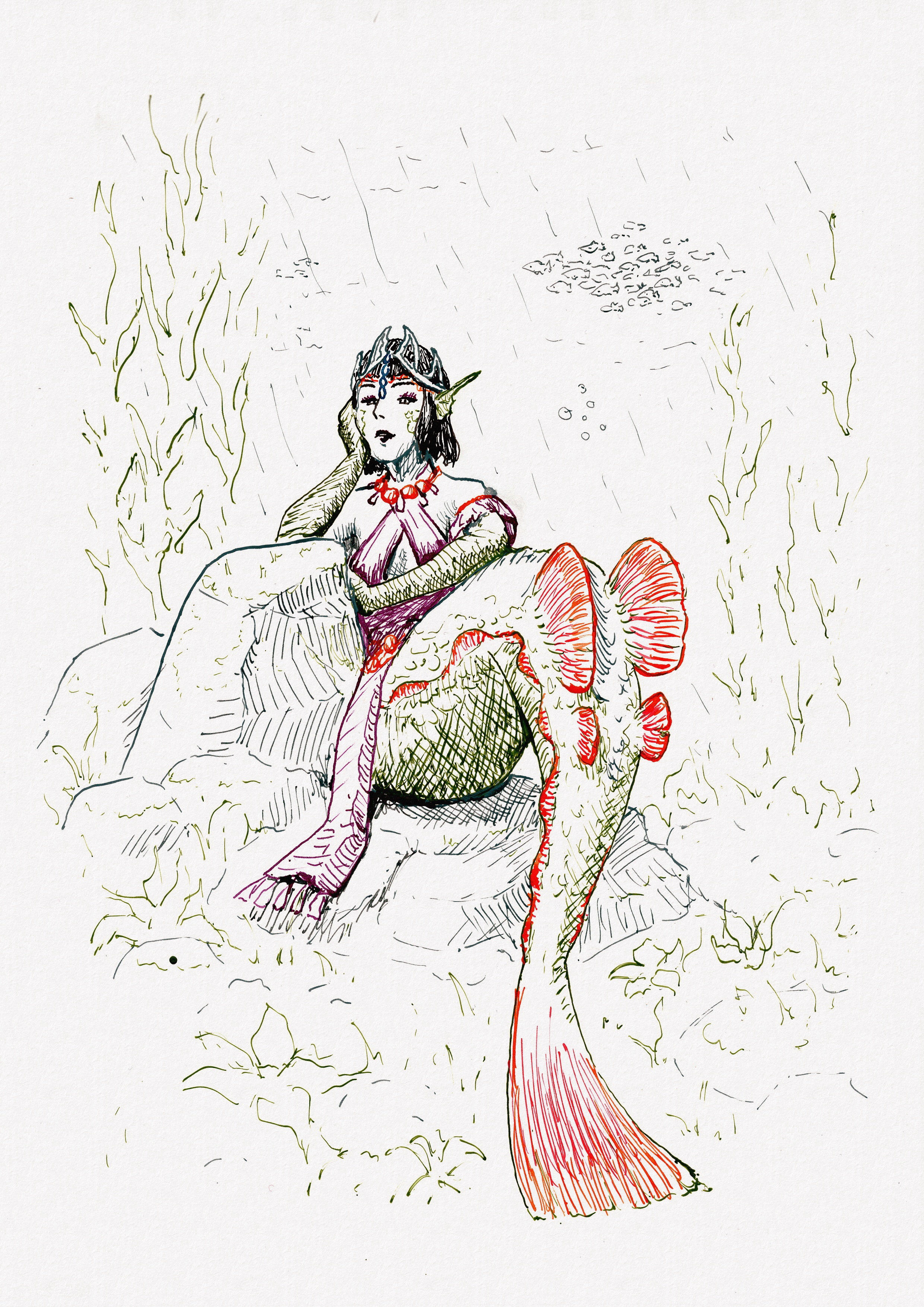 Ink drawing of a mermaid sitting on the sea floor, leaning on a rock. There's seaweed and a school of fish in the background. She's drawn in colored inks but using only lines, partially colored in with hatching.