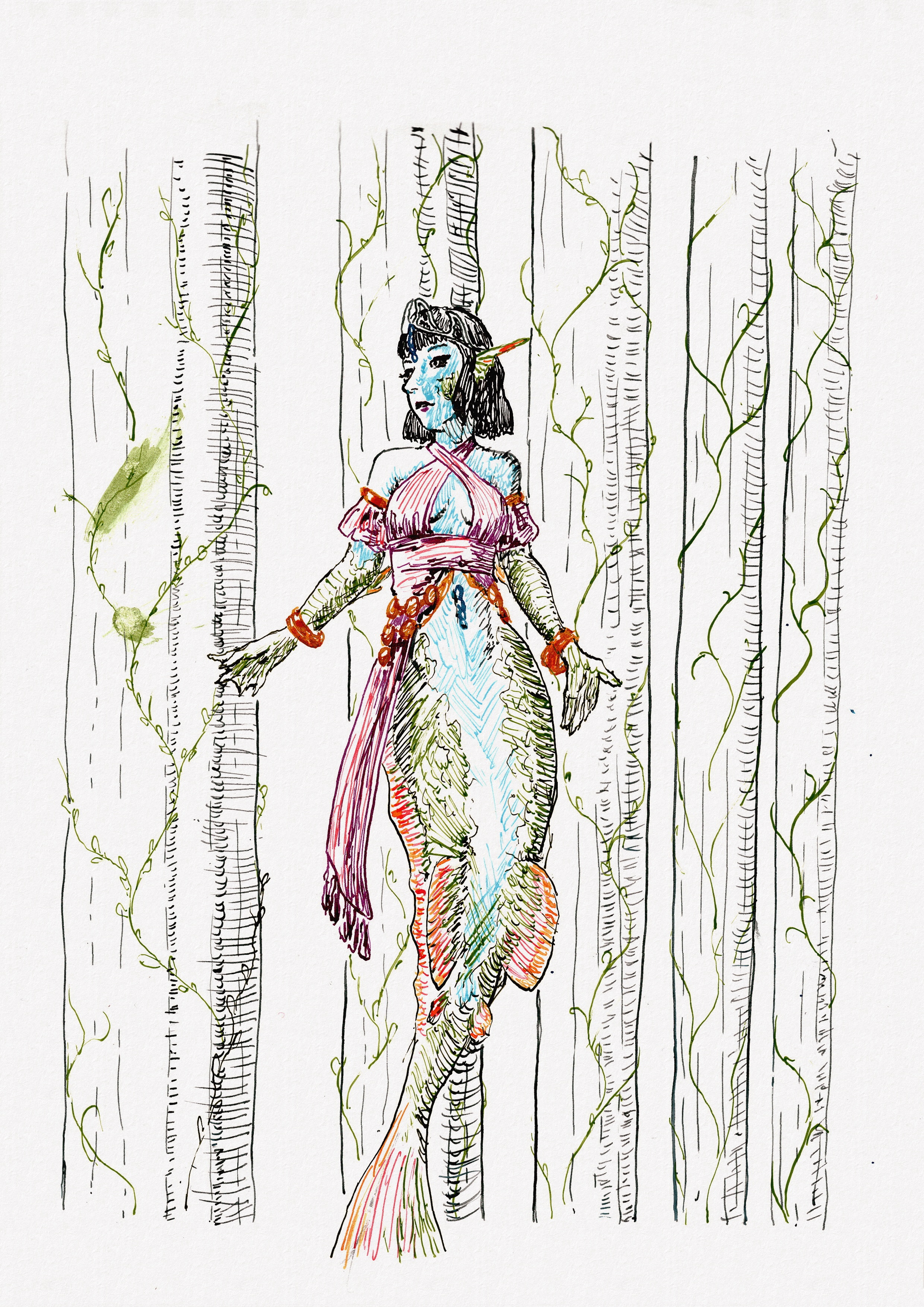 Ink drawing of a mermaid posing in front of a row of stone pillars. She's again drawn with colored lines, but this time more of her is colored with hatching, not just the shaded parts. This makes it a little hard to tell what's going on.
