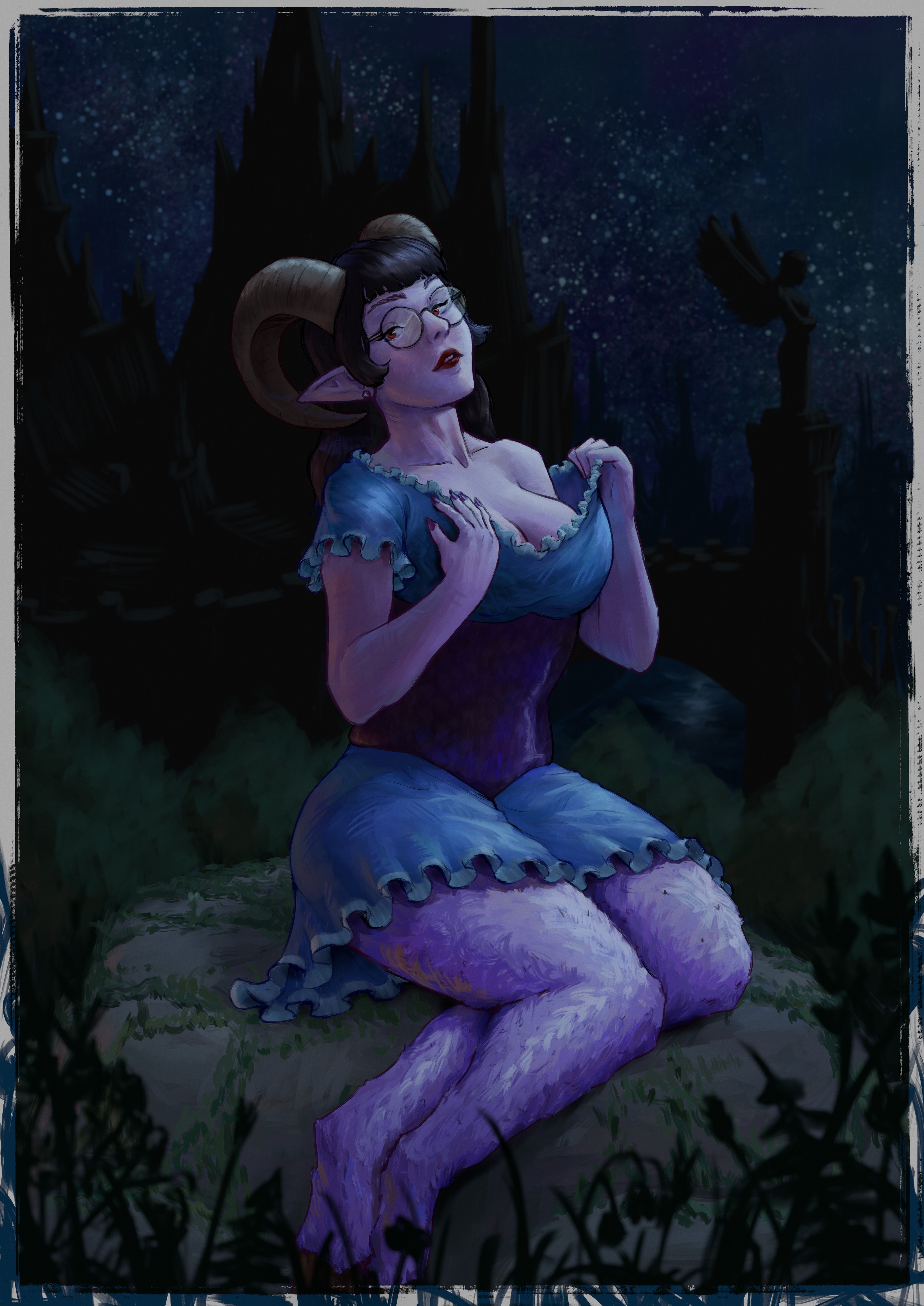 Digital painting of a woman with long curved horns on her head
and furry legs with hooves, sitting on a rock in moonlight.
She wears a frilly dress with a corset and is moving a shoulder strap down with a seductive gesture.
In the background is a bridge leading into a walled city of sharp-edged gothic architecture.