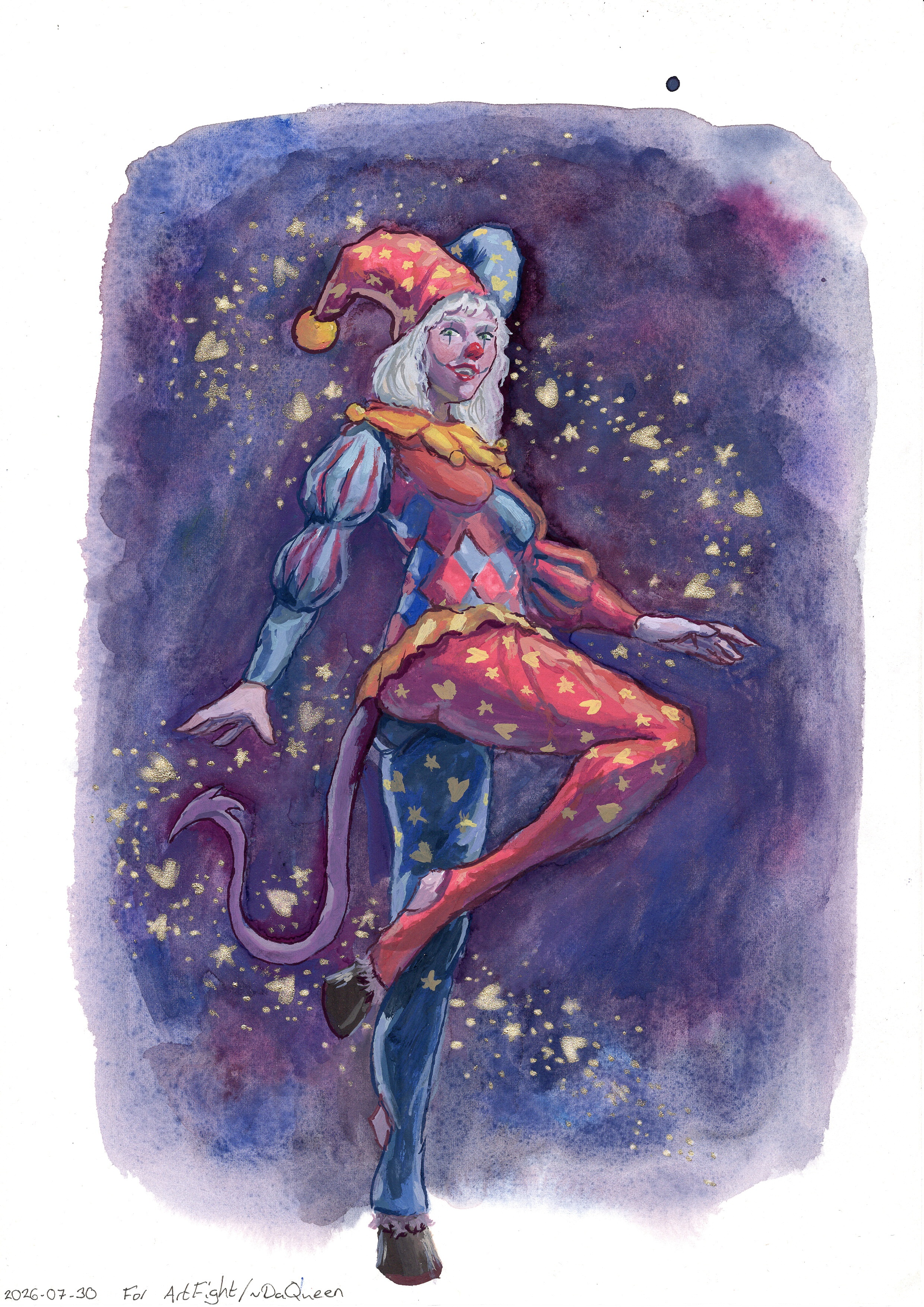 Gouache painting of a purple-skinned tiefling wearing a colorful jester costume of alternating red and blue patterns decorated with yellow hearts and stars. She's standing on one hoof with the other leg bent in the air, arms to the sides for balance, and looking down at the viewer with a wide grin. The background is nondescriptly dark, decorated with glittery hearts and stars mirroring her costume.