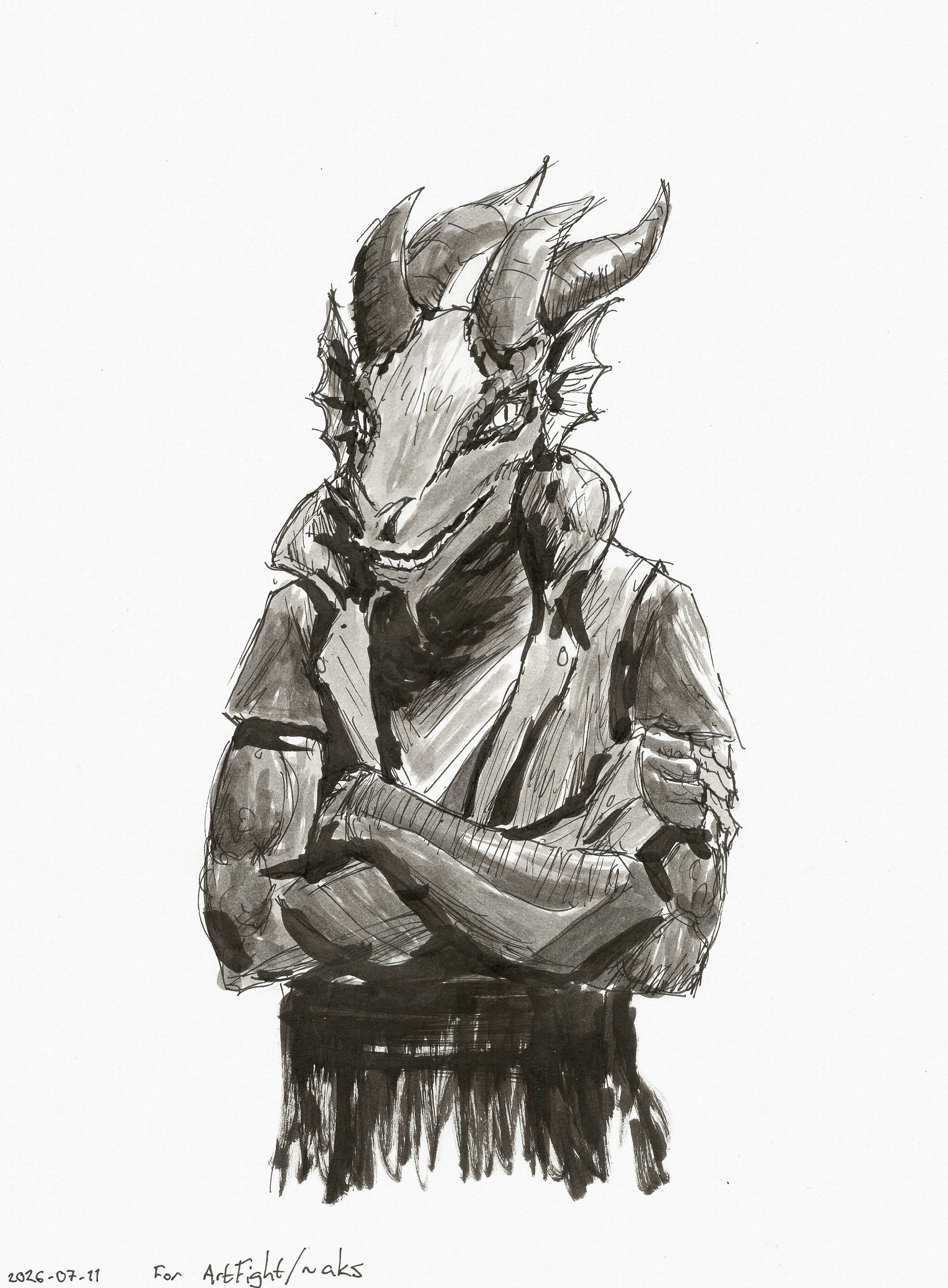Ink drawing of an anthropomorphic lizard man wearing a collared short-sleeve jacket, looking at the viewer with arms crossed. A loosely drawn sketch using gray inks applied with a brush for midtones.