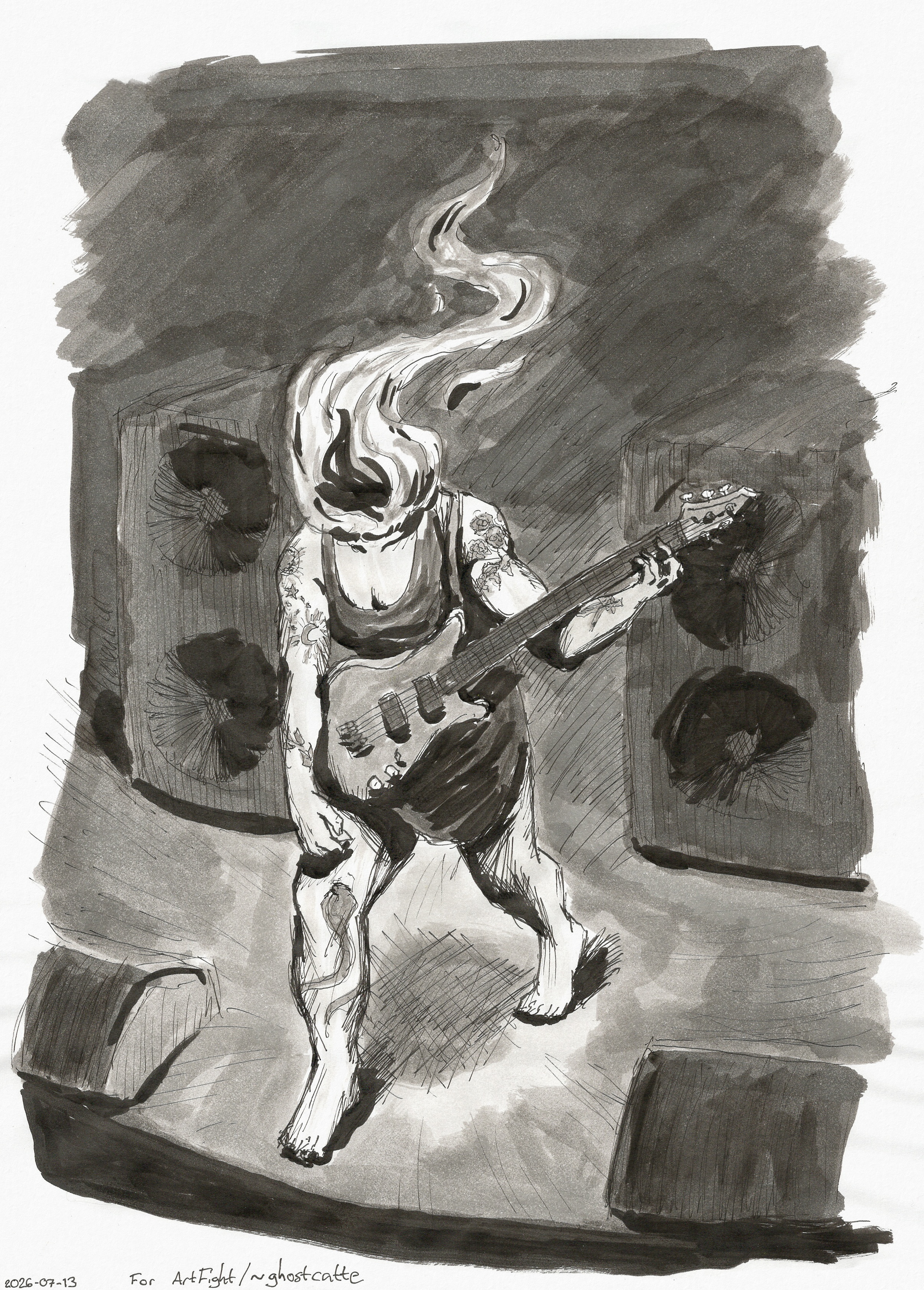 Ink painting of a muscular woman with a large flame in place of her head playing the guitar on a stage surrounded by speakers. She's making a very exaggerated downstroke, implying she's playing heavy music. She's wearing a skintight black dress and has tattoos on her arms and legs.